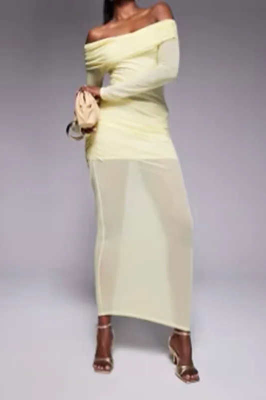 Ella Lemon Mesh Insert Bardot Mini Dress sold by Missy Empire