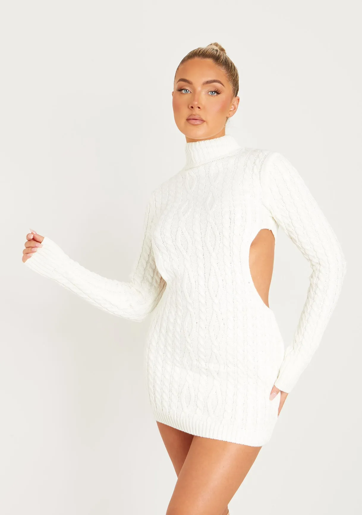 Cecilia Cream Cut Out Knitted Dress sold by Missy Empire