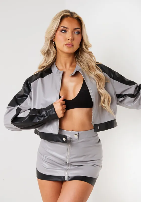 Marina Grey Multi Contrast Faux Leather Crop Biker Jacket sold by Missy Empire