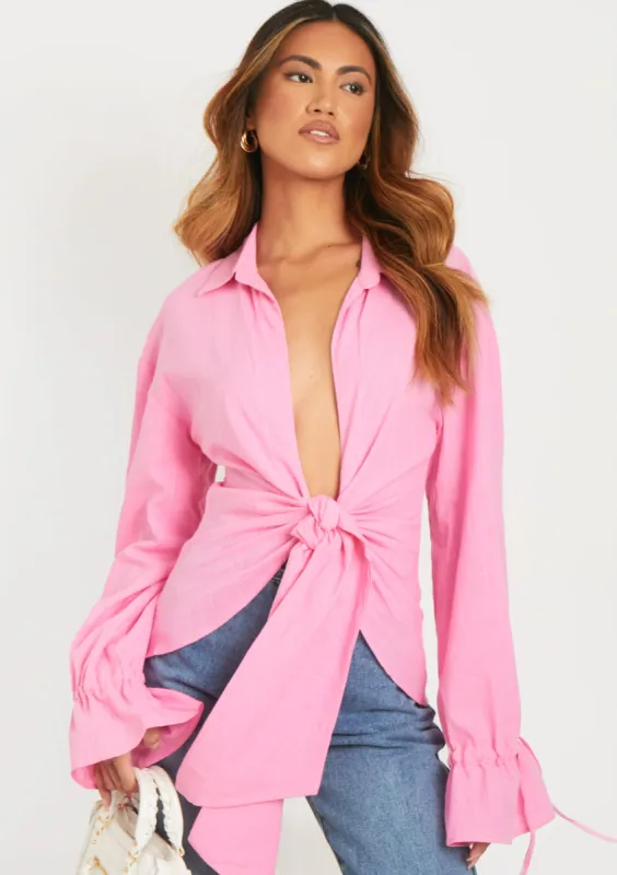 Aphrodite Pink Linen Tie Front Shirt sold by Missy Empire