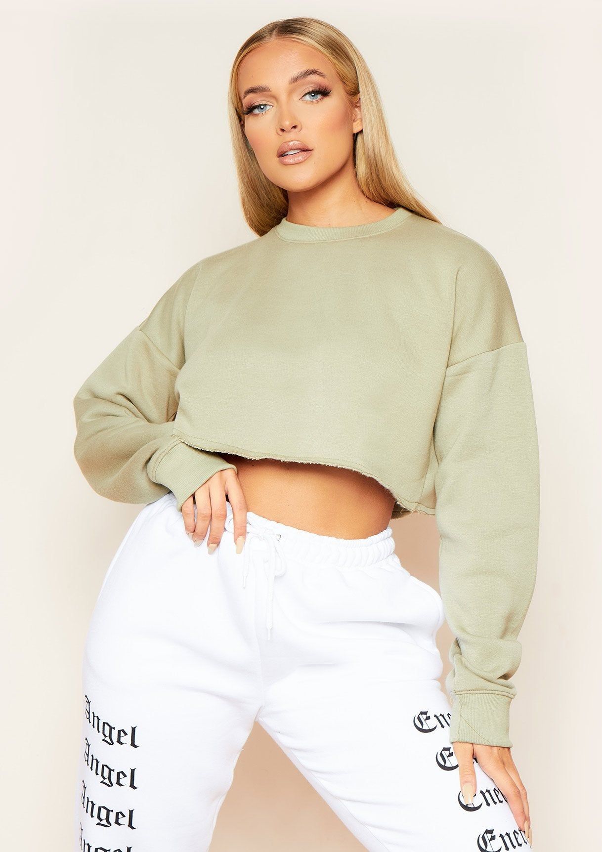 Melanie Olive Green Raw Hem Crew Neck Cropped Sweater sold by Missy Empire