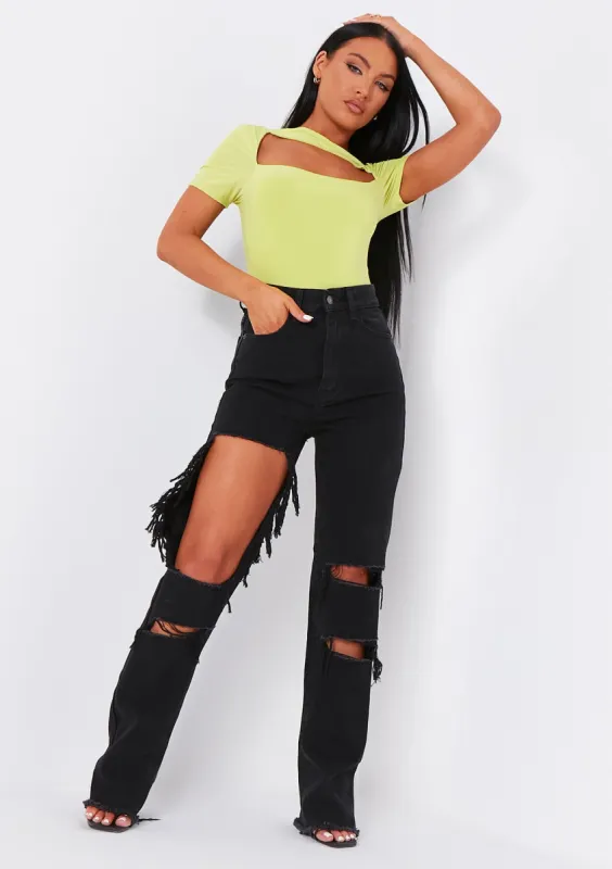 Cyntoia Black Wash High Waisted Cut Out Ripped Denim Jeans sold by Missy Empire