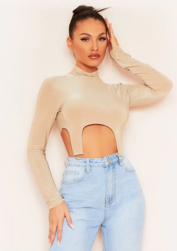 Maisy Beige Long Sleeve D Ring Slinky Crop Top sold by Missy Empire