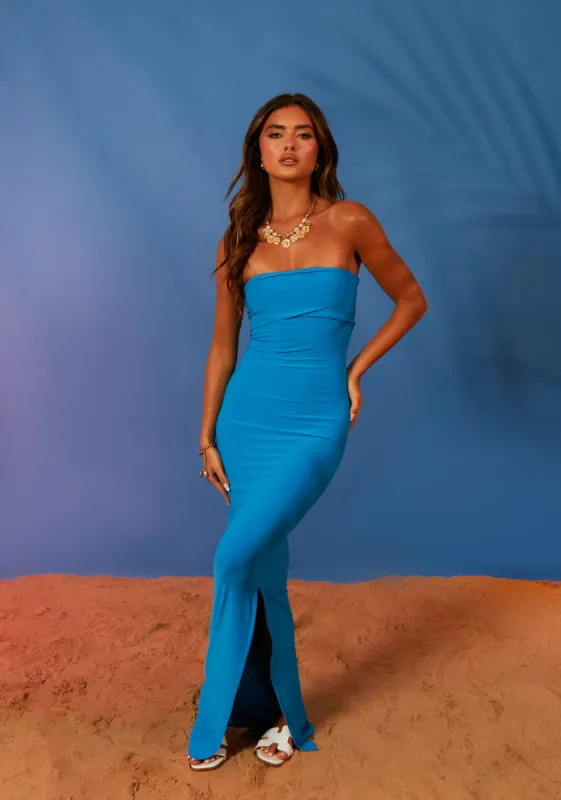 Alison Blue Fold Down Bandeau Maxi Dress sold by Missy Empire