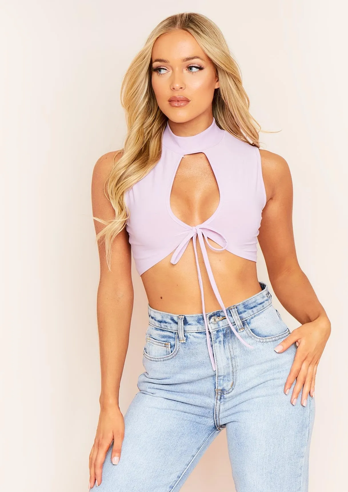 Caera Lilac Key Hole Lace Up High Neck Crop Top sold by Missy Empire