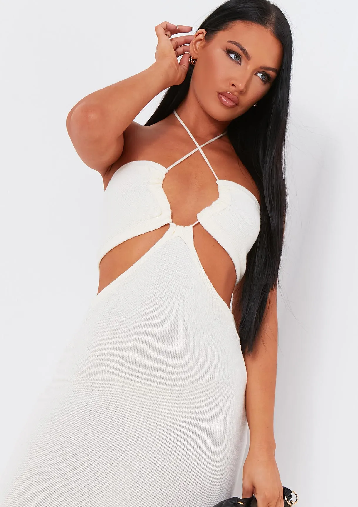 Verity Cream Knitted Cut Out Halter Neck Dress sold by Missy Empire product image thumbnail 3