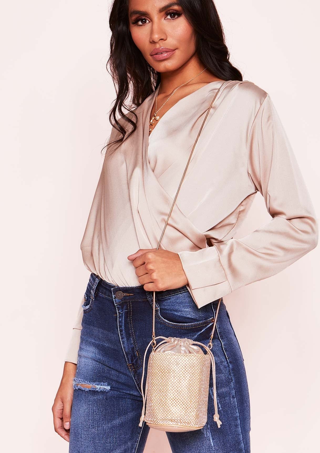 Steph Gold Diamante Bucket Bag sold by Missy Empire