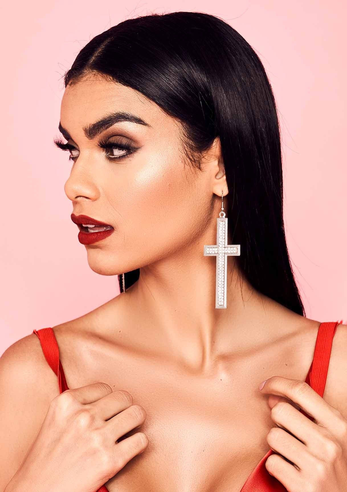 Akila Silver Cross Diamante Earrings sold by Missy Empire