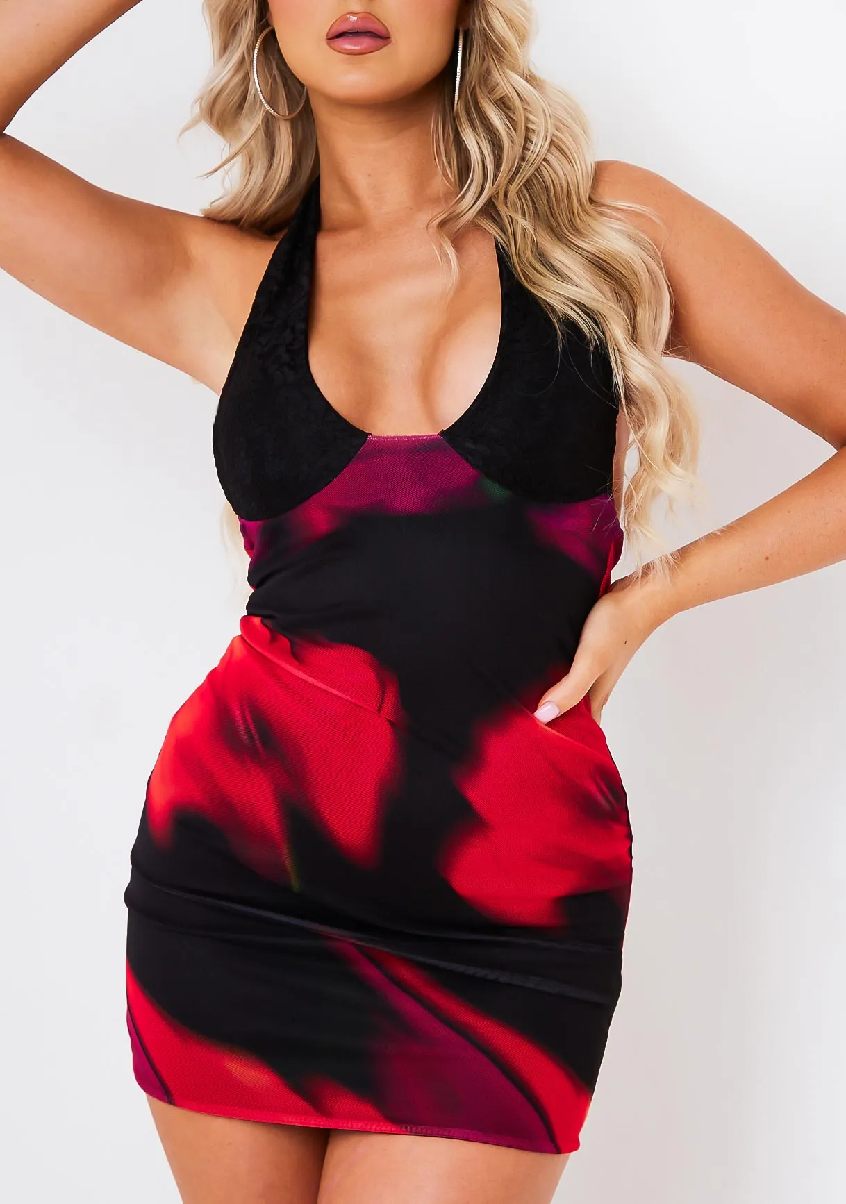Marlene Black Red Multi Printed Lace Halter Neck Mini Dress sold by Missy Empire product image thumbnail 2
