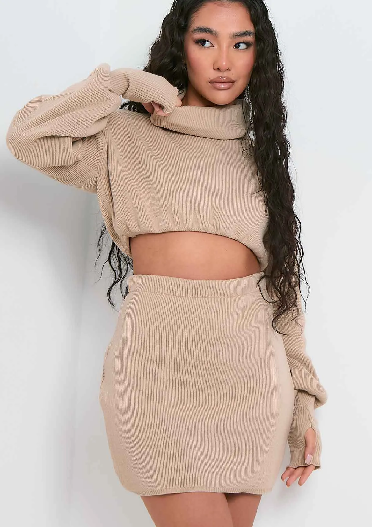 Zara Beige Knitted Mini Skirt Co-ord sold by Missy Empire product image thumbnail 4