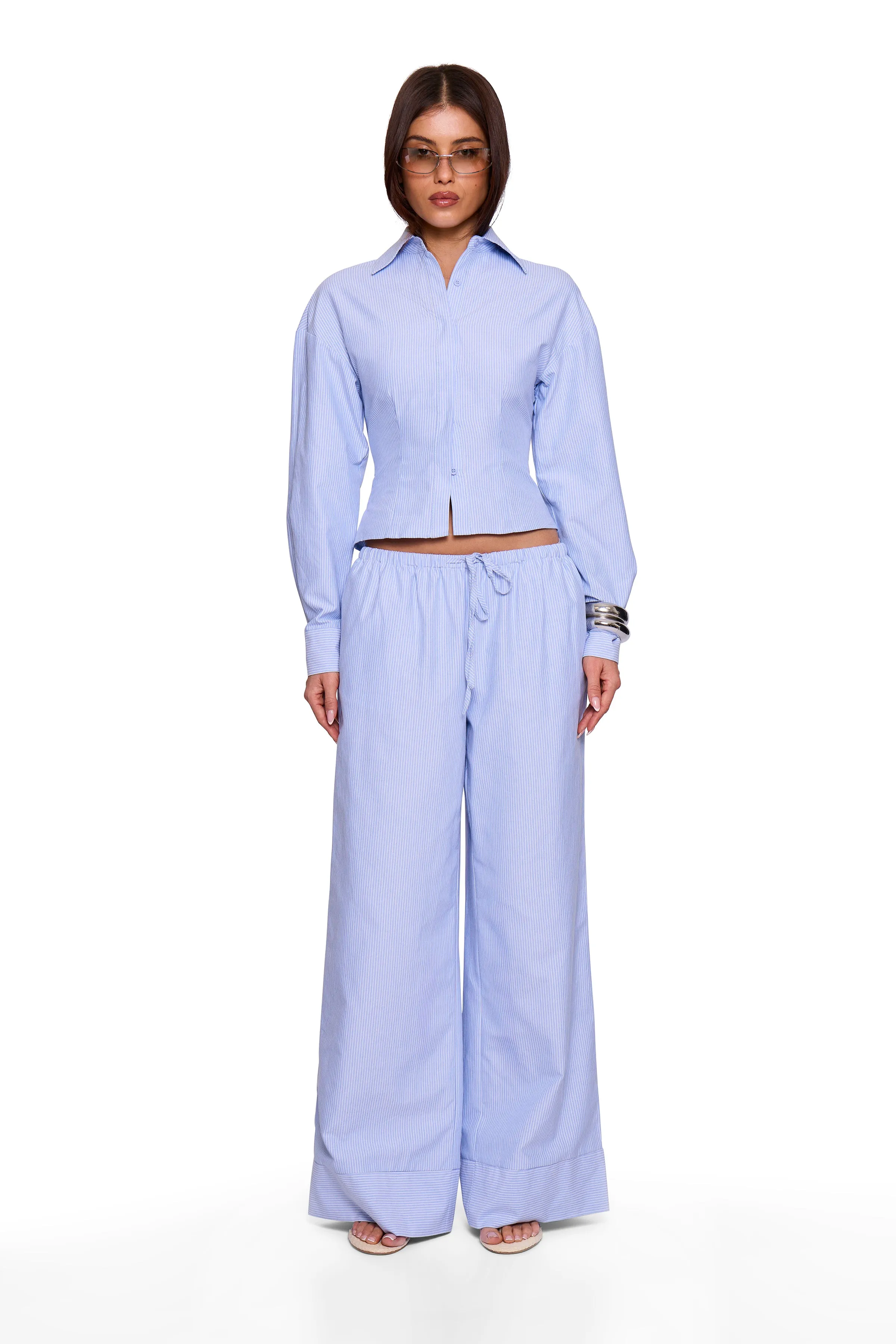 Blue Pinstripe Wide Trouser sold by Missy Empire product image thumbnail 5