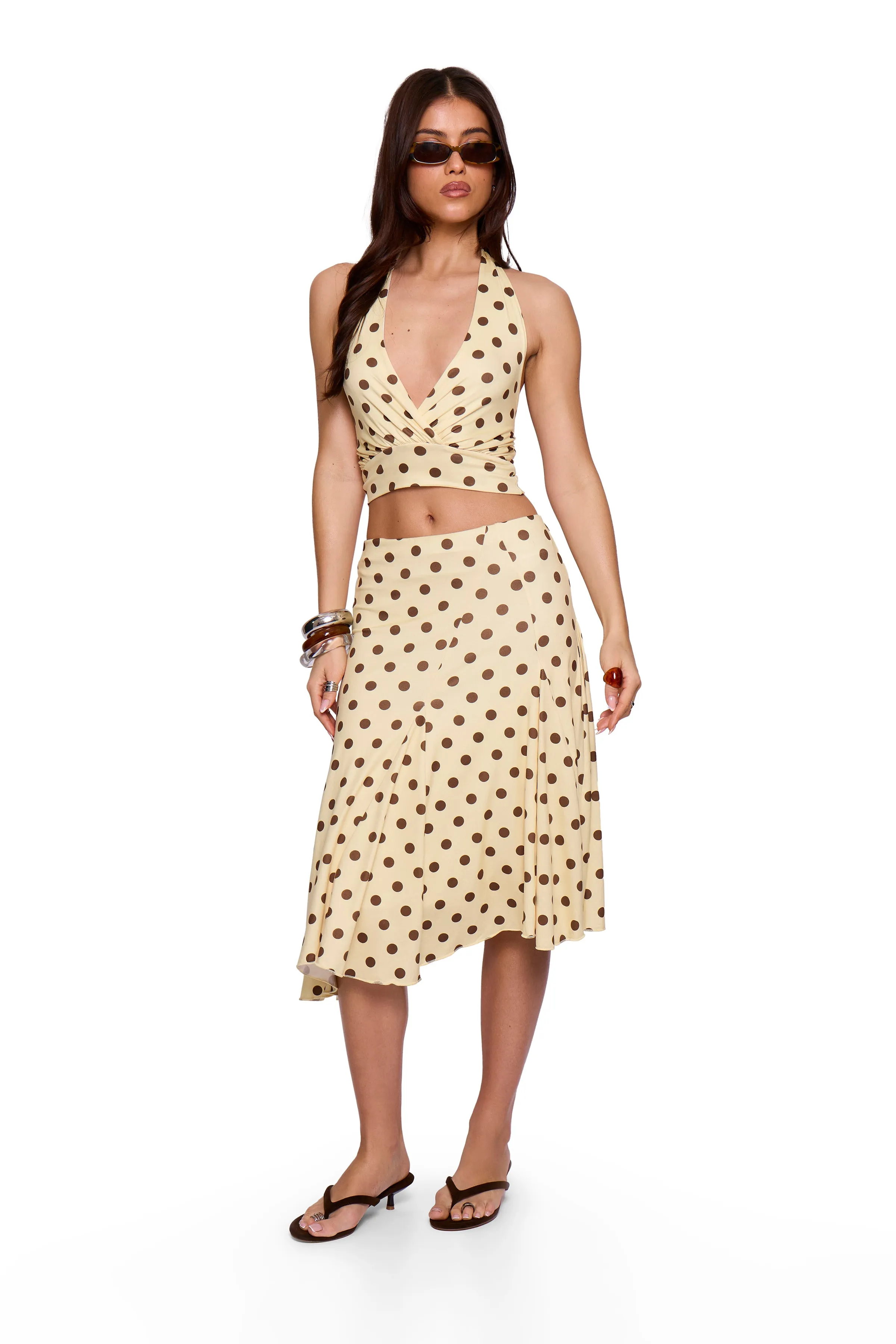Butter Cream Polka Halter Top sold by Missy Empire