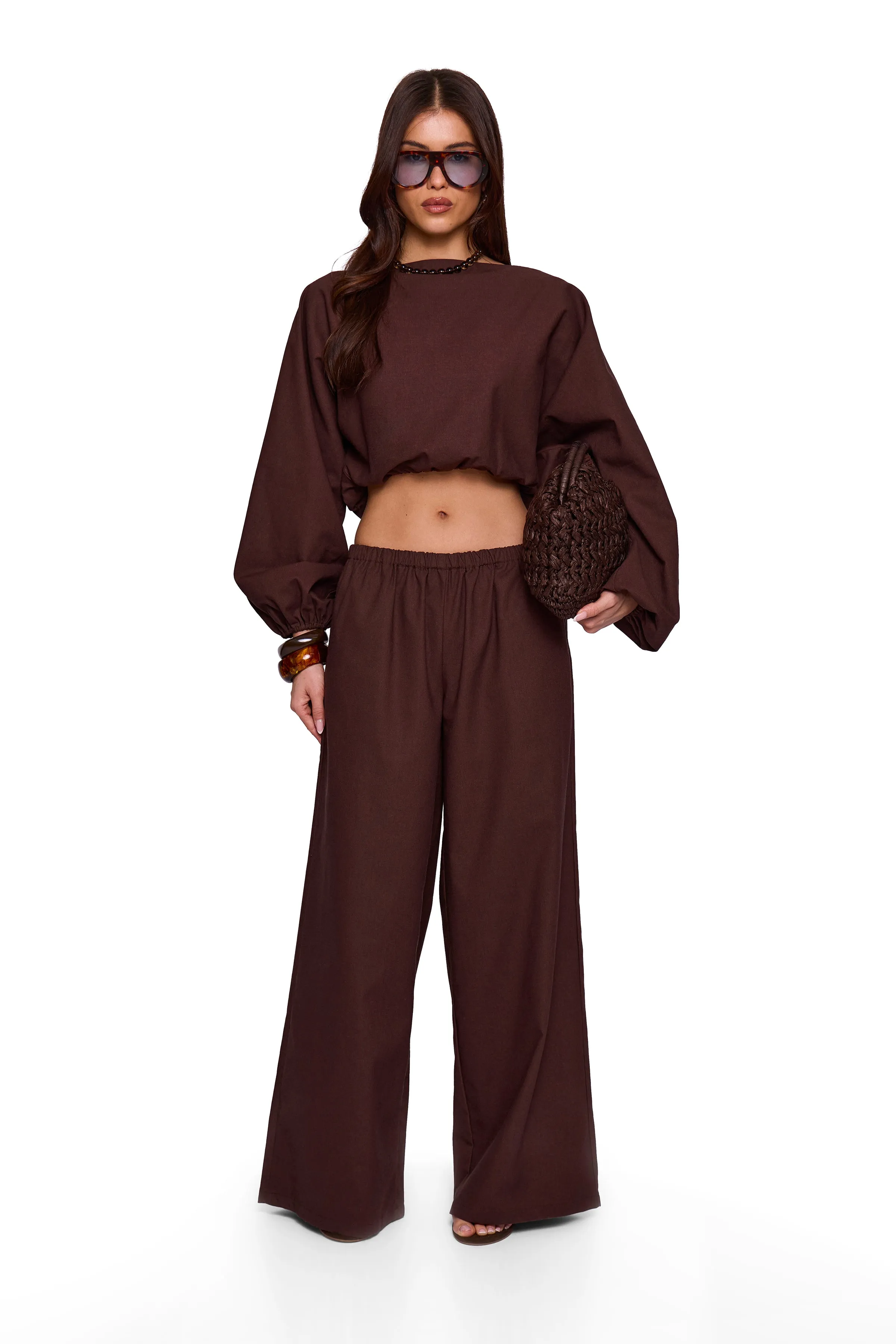 Brown Linen Blend Wide Trouser sold by Missy Empire