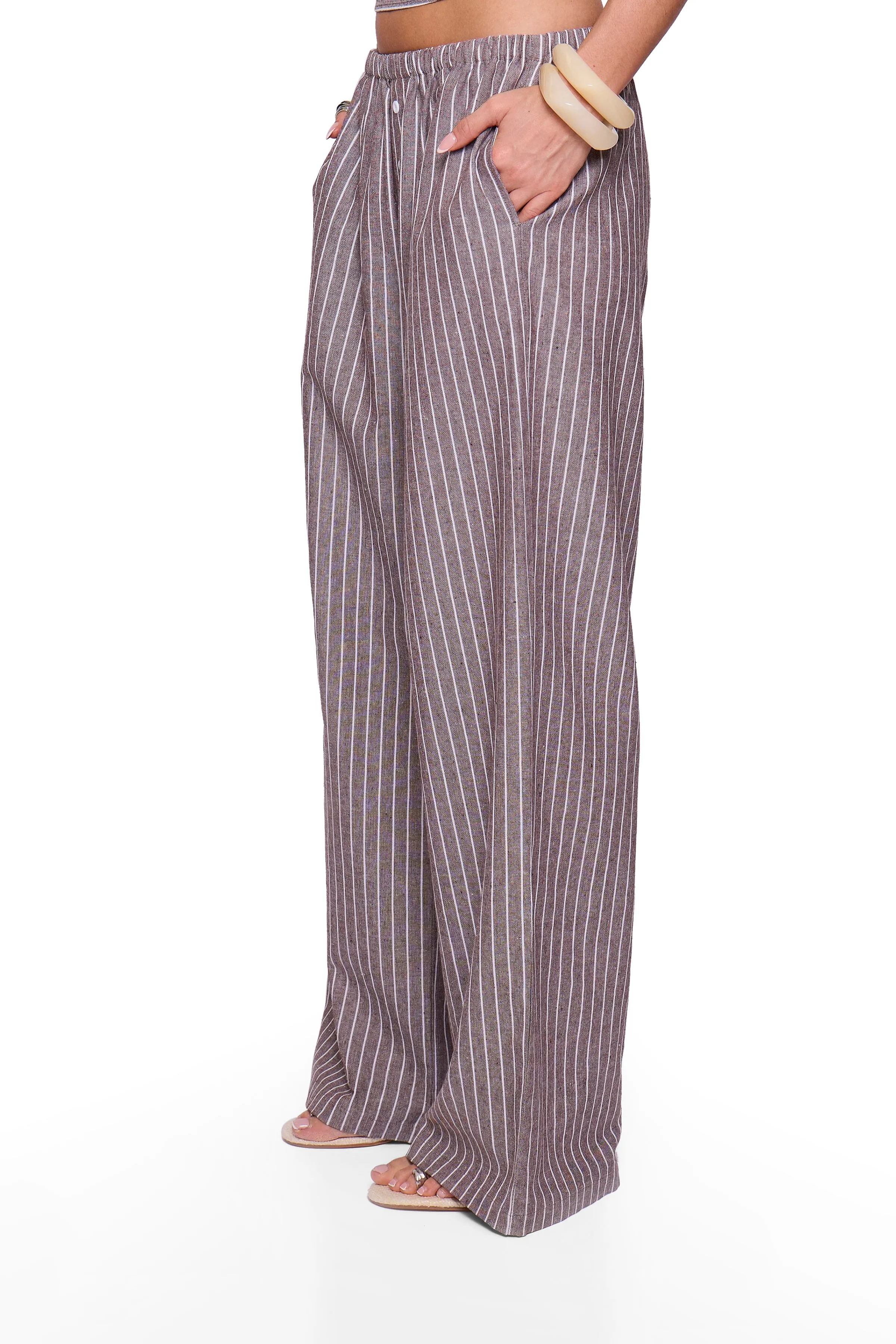 Brown Pinstripe Button Wide Trouser sold by Missy Empire product image thumbnail 3