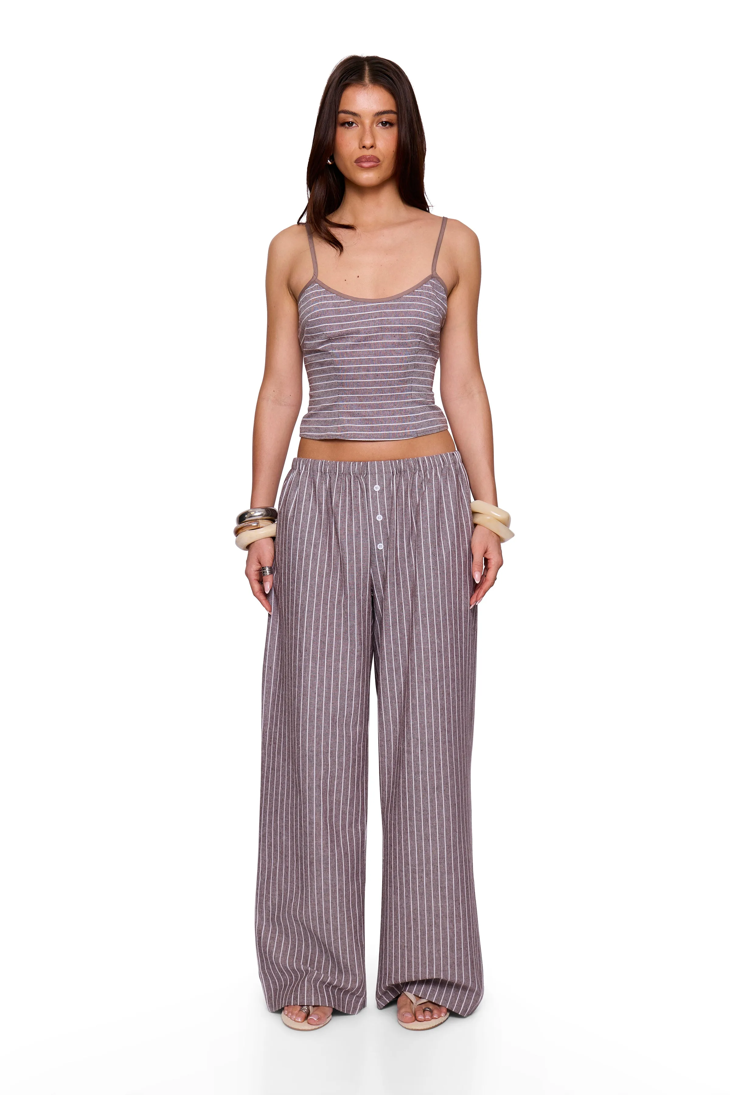 Brown Pinstripe Button Wide Trouser sold by Missy Empire product image thumbnail 5