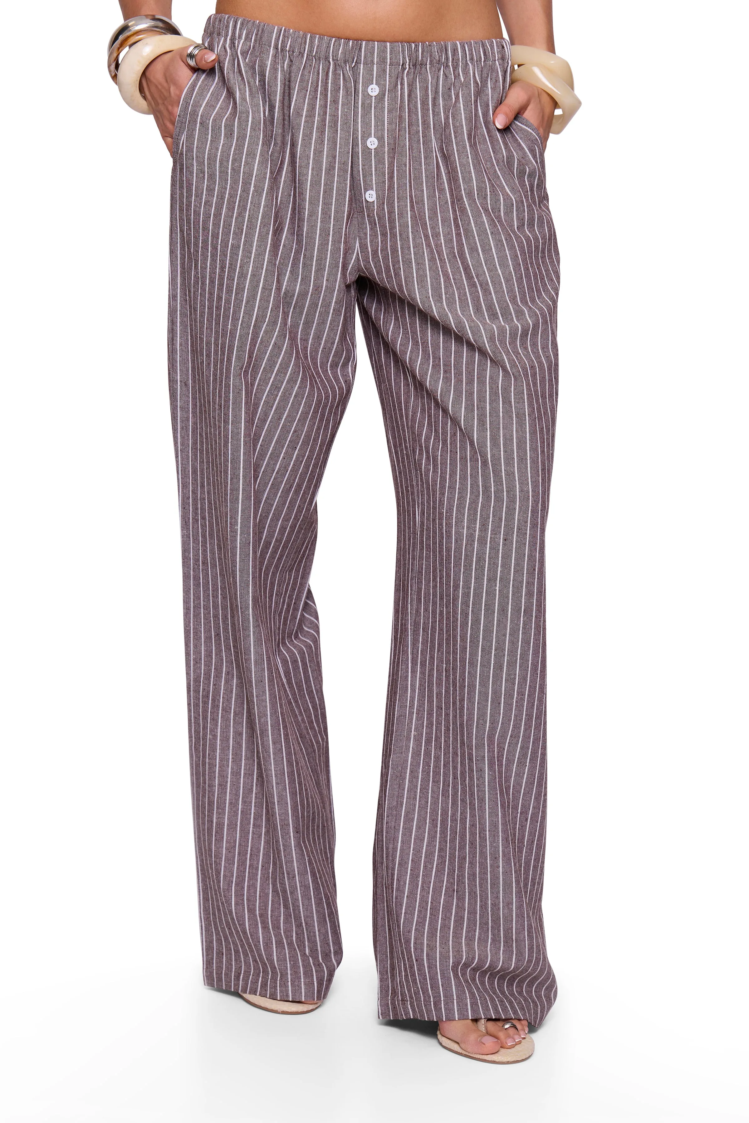 Brown Pinstripe Button Wide Trouser sold by Missy Empire product image thumbnail 2