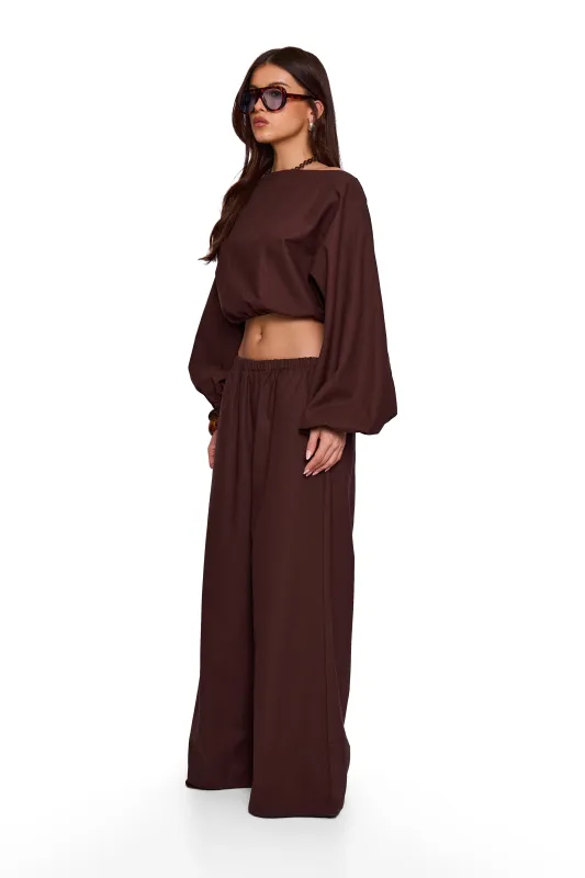 Brown Linen Blend Off Shoulder Top made by Missy Empire