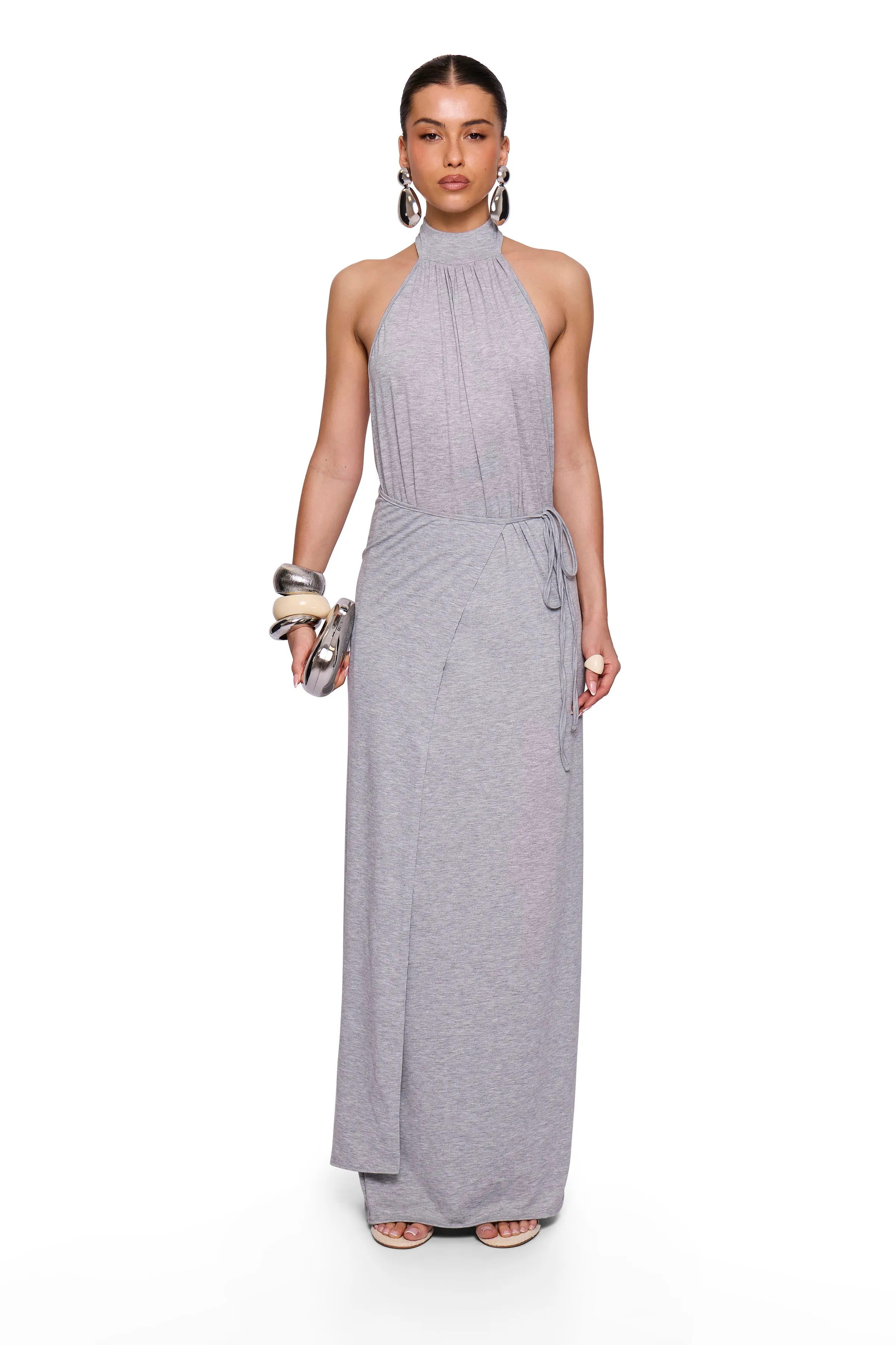 Grey Marl Tie Maxi Dress sold by Missy Empire