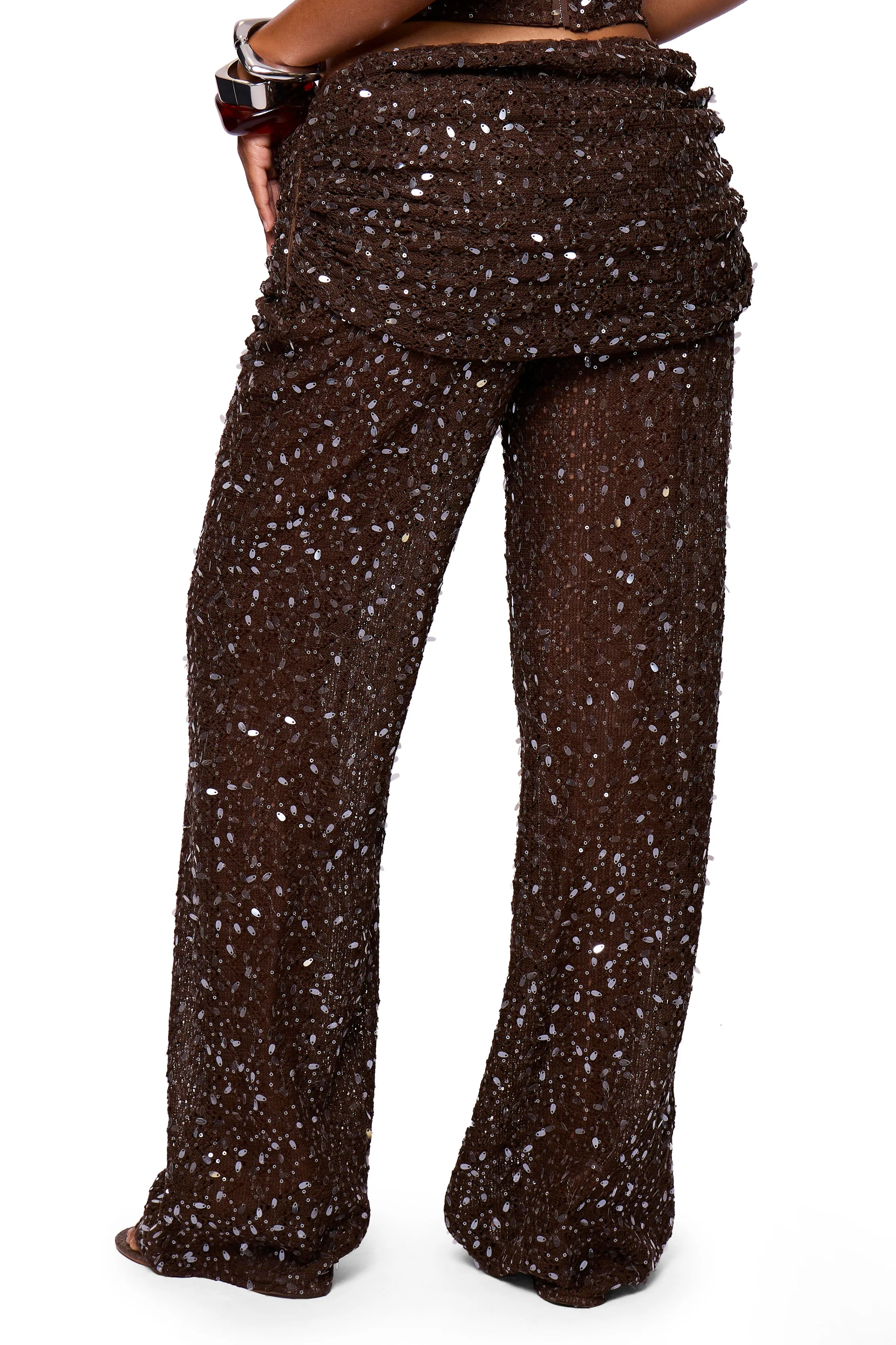 Chocolate Sequin Fold Over Trouser sold by Missy Empire product image thumbnail 3