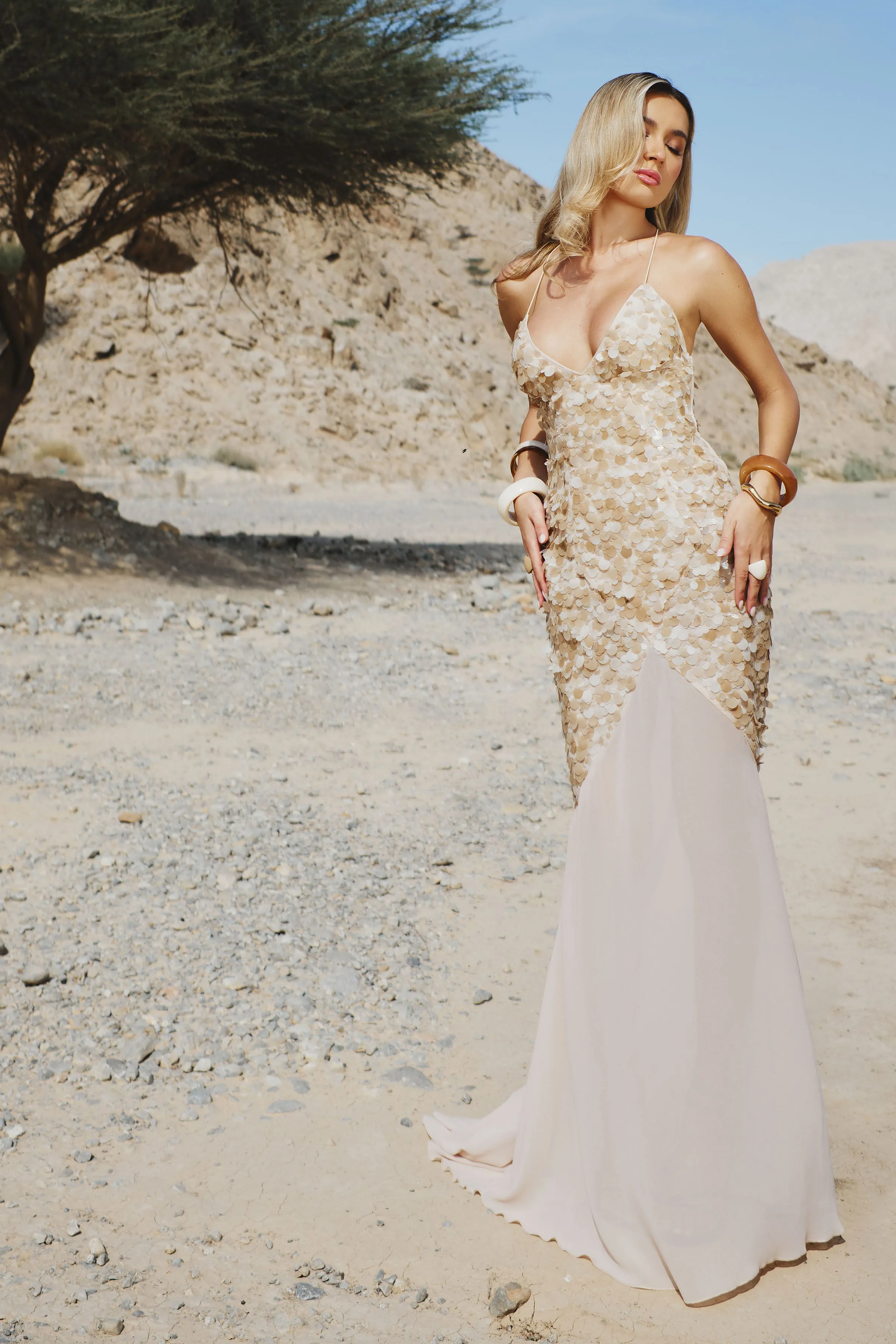 Taupe Sequin Maxi Dress sold by Missy Empire