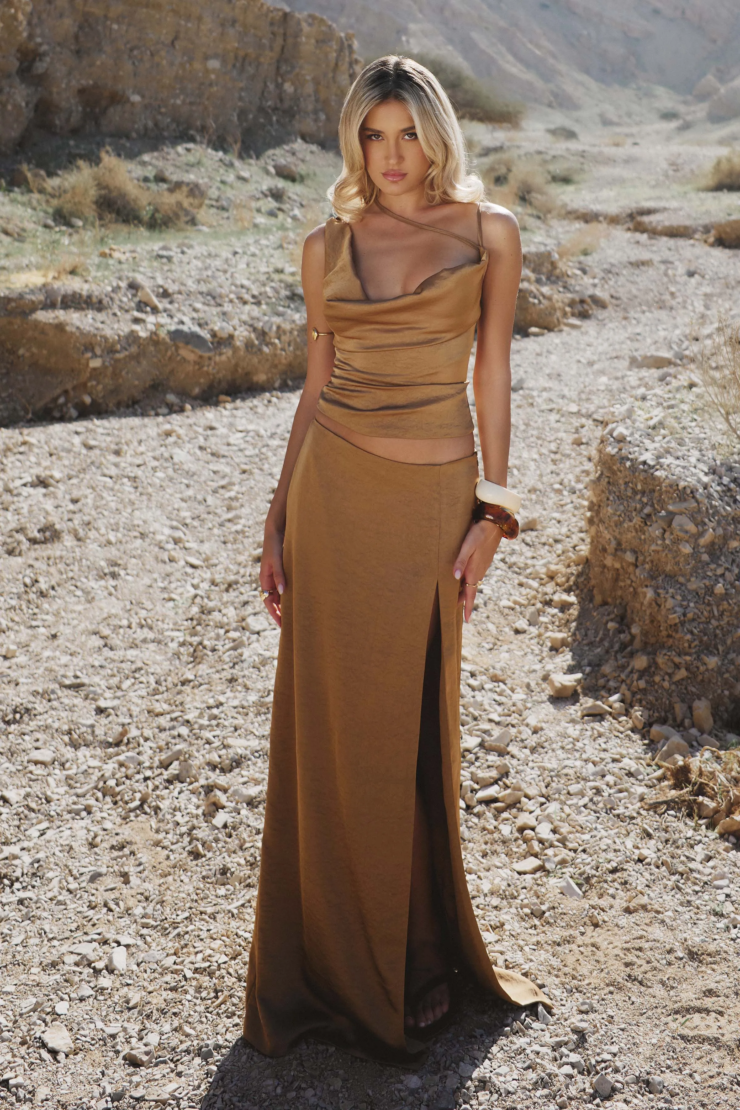 Taupe Maxi Skirt sold by Missy Empire