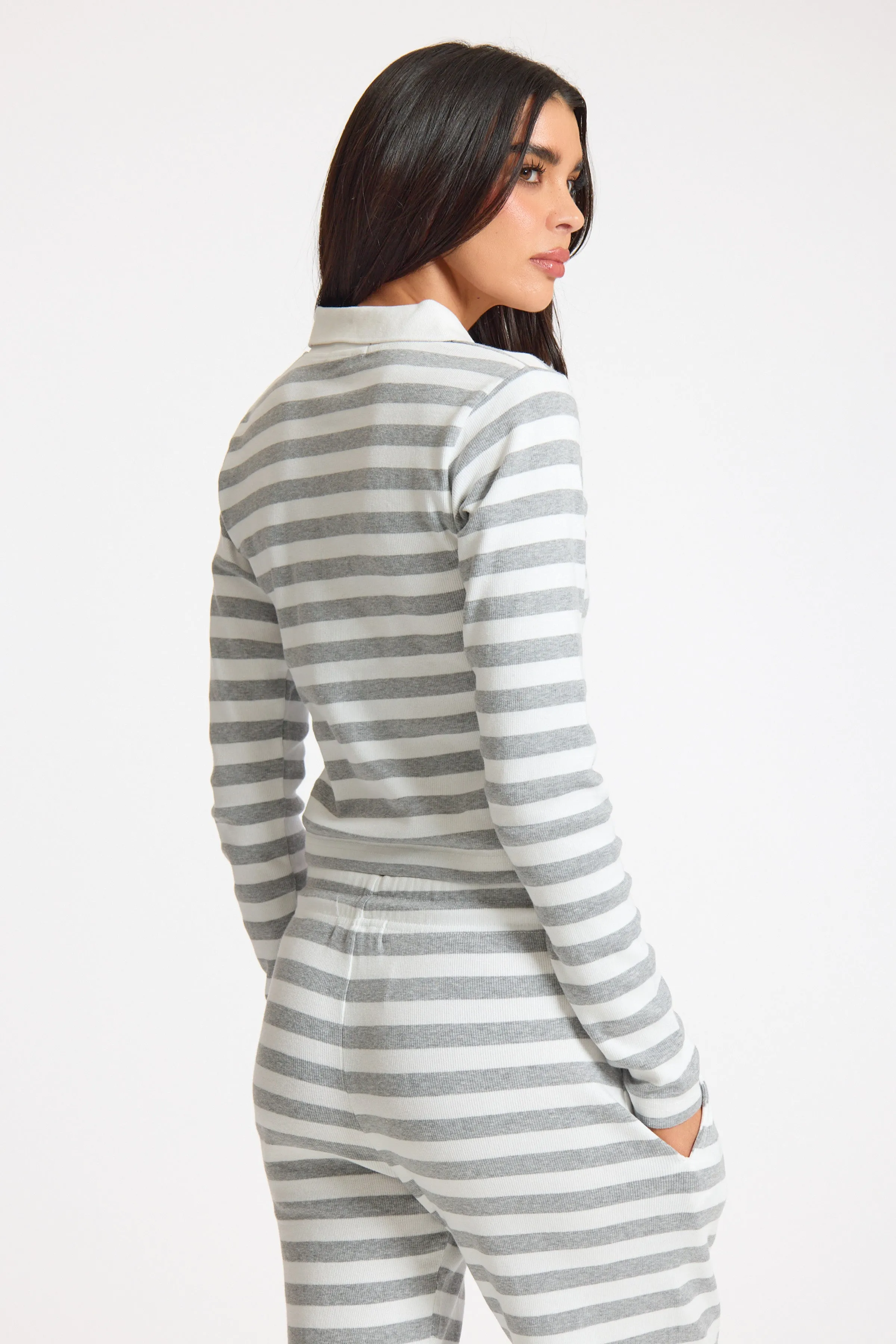 White Stripe Striped Rib Collared Longsleeve Top sold by Missy Empire product image thumbnail 4