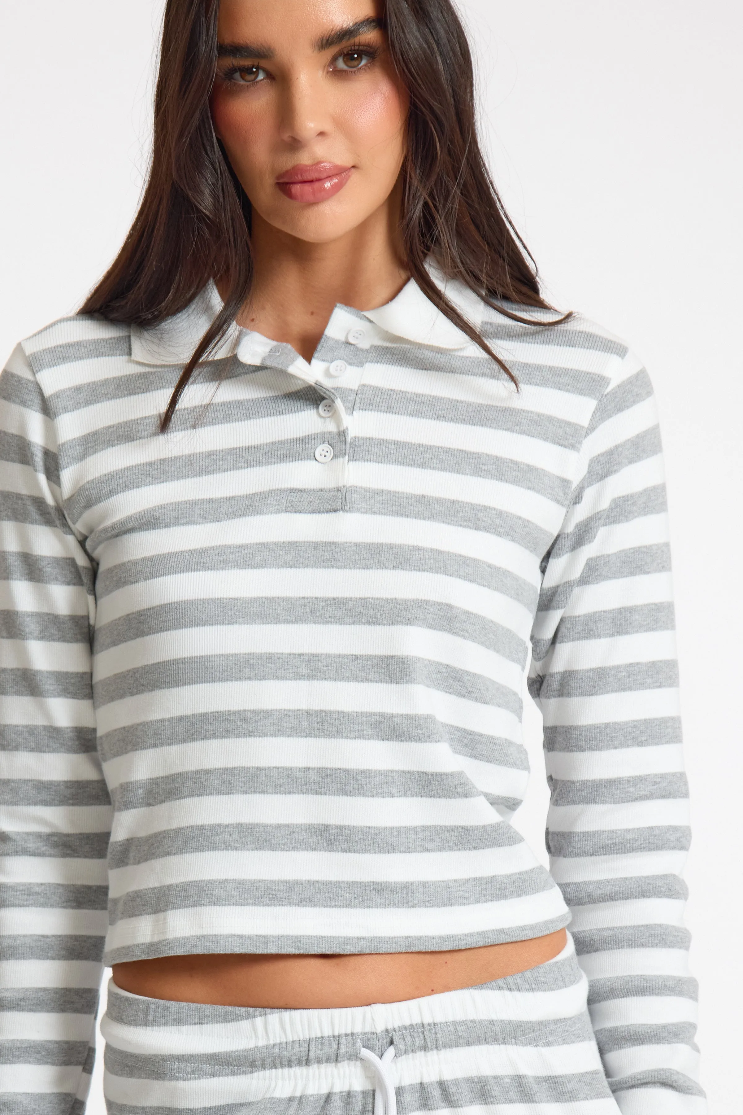 White Stripe Striped Rib Collared Longsleeve Top sold by Missy Empire product image thumbnail 3