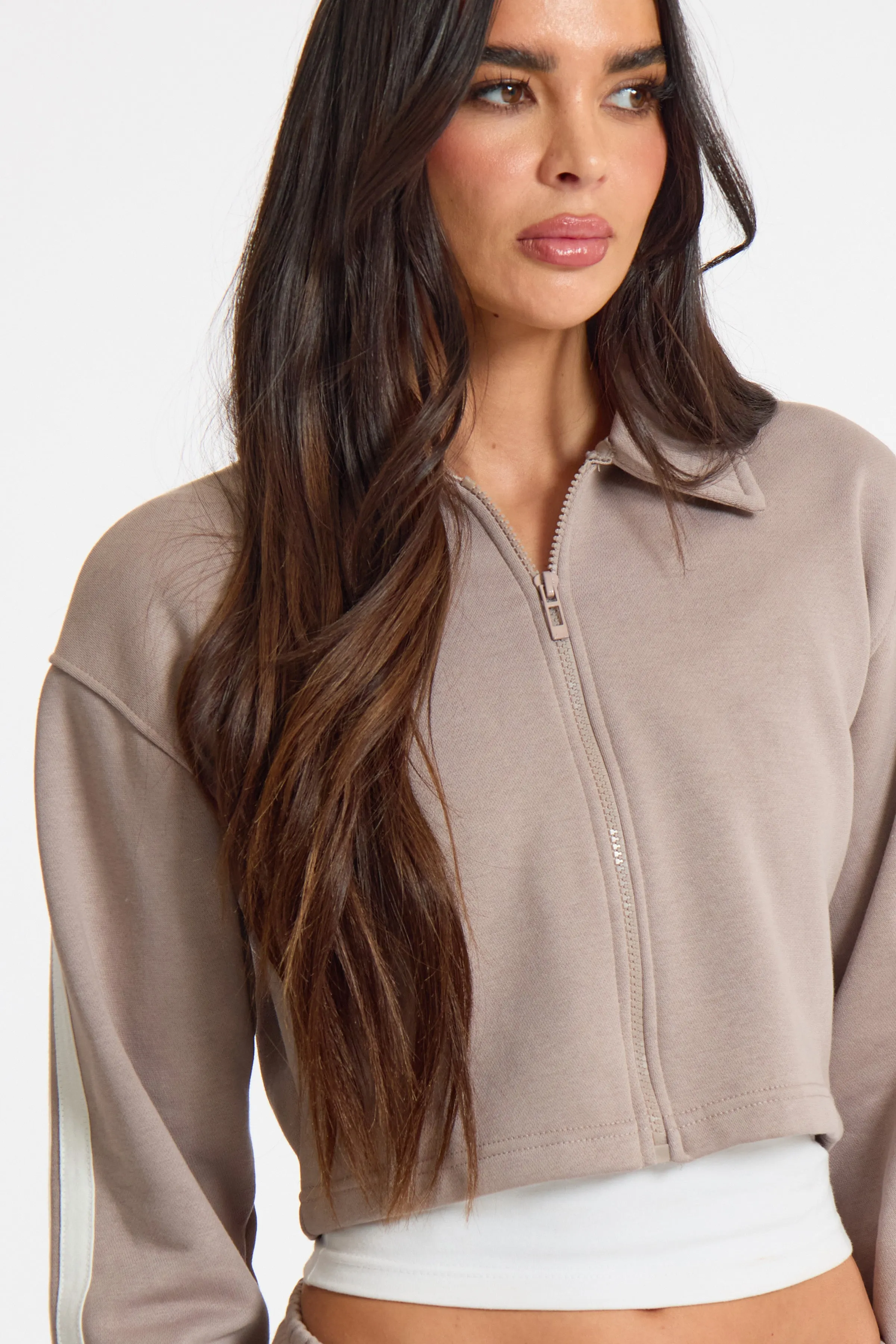 Dove Grey Sport Stripe Zip Up Collared Top sold by Missy Empire product image thumbnail 2