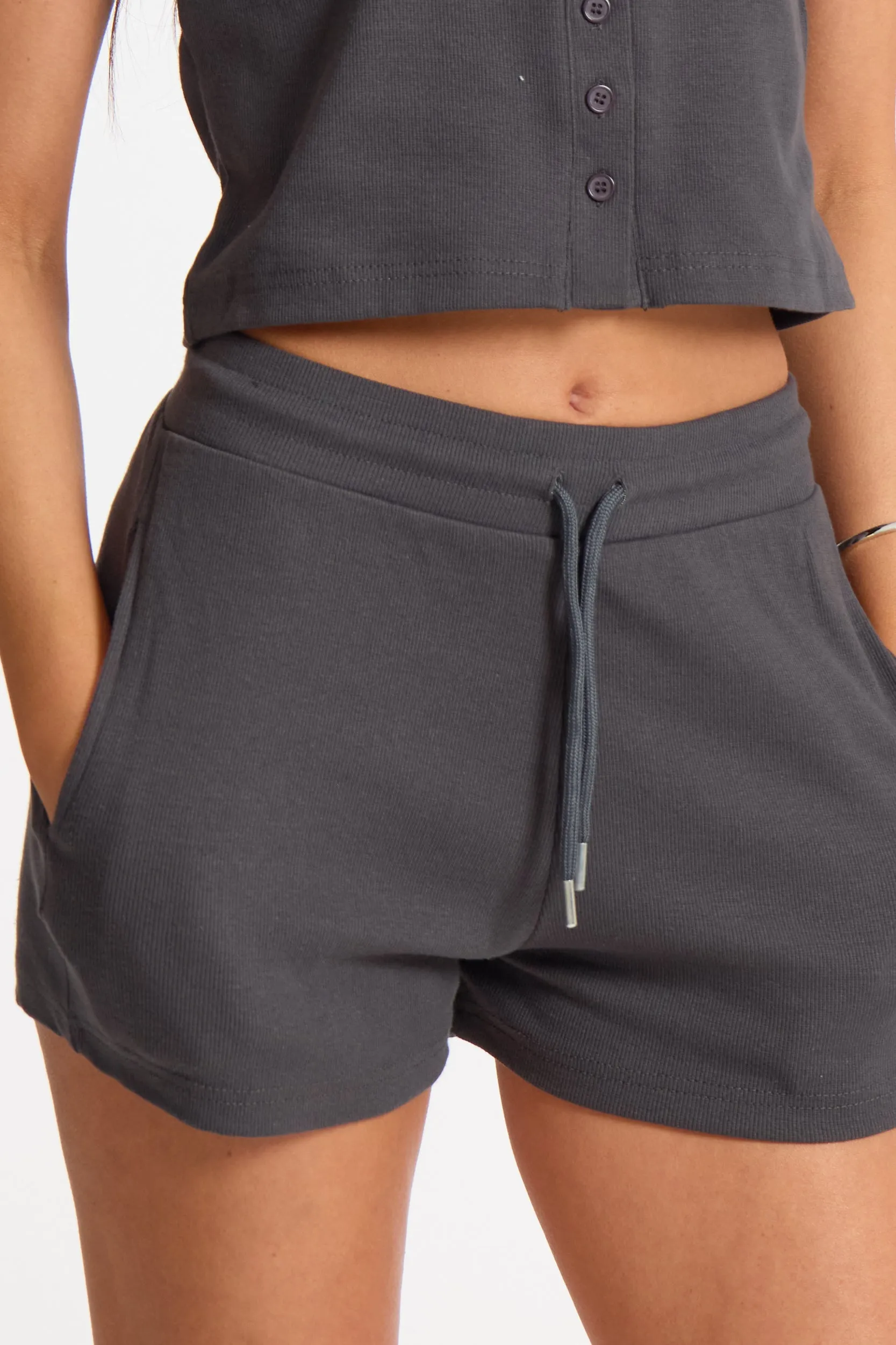 Slate Ribbed Adjustable Waist Casual Shorts sold by Missy Empire product image thumbnail 3