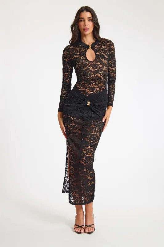 Black Lace Longsleeve Cut Out Midi Dress made by Missy Empire