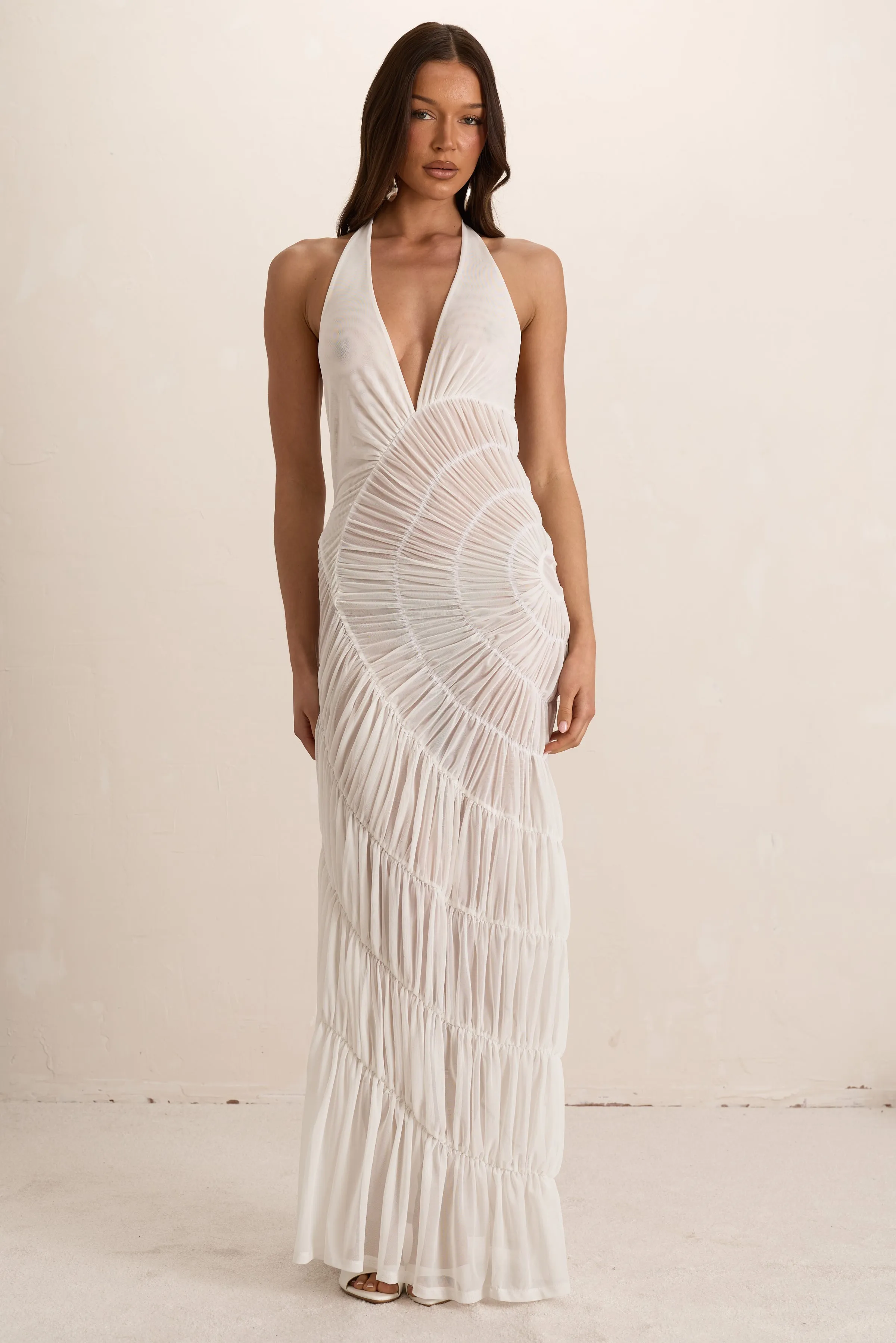 White Shirred Maxi Dress sold by Missy Empire