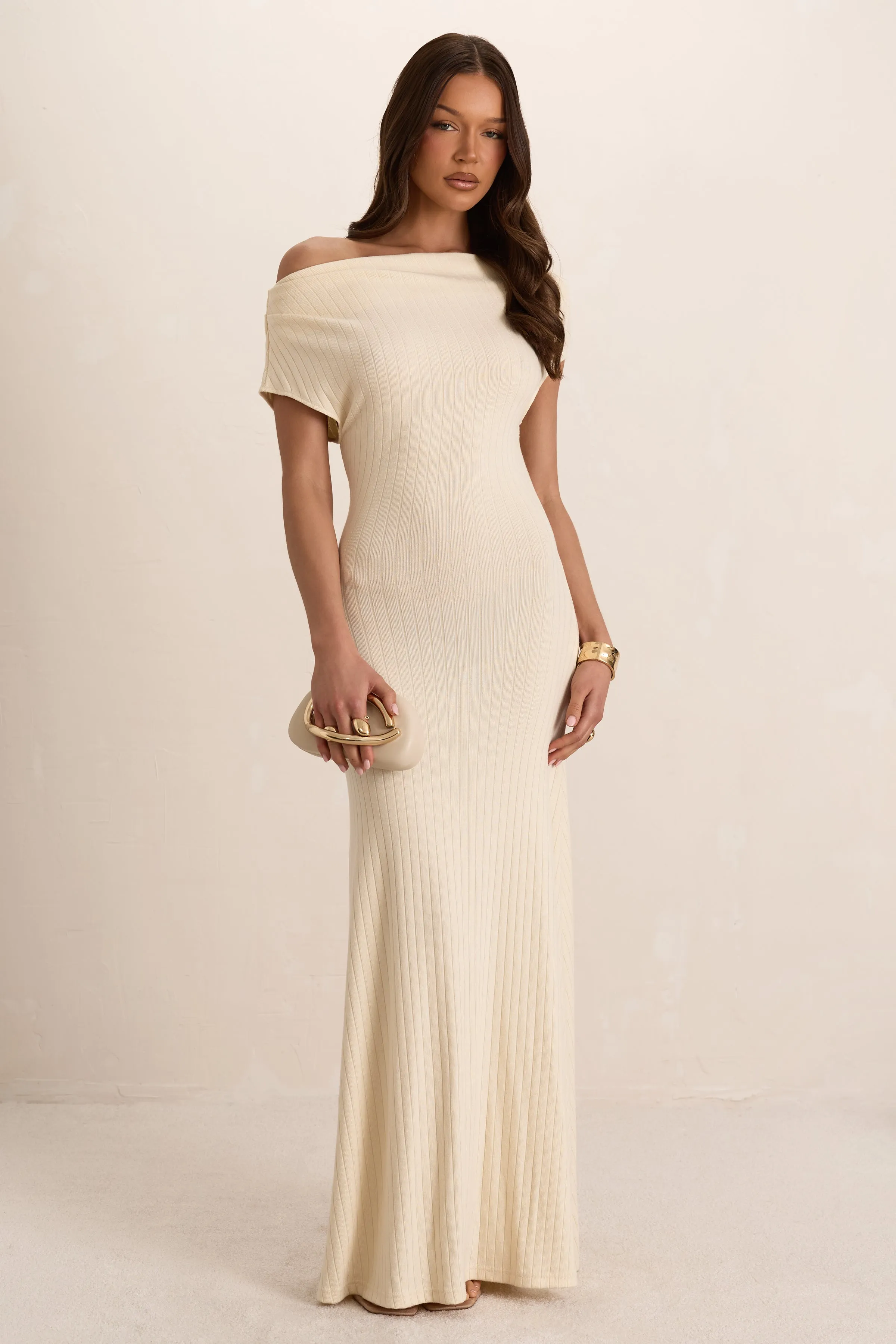 Cream Soft Ribbed Slouchy Maxi Dress sold by Missy Empire