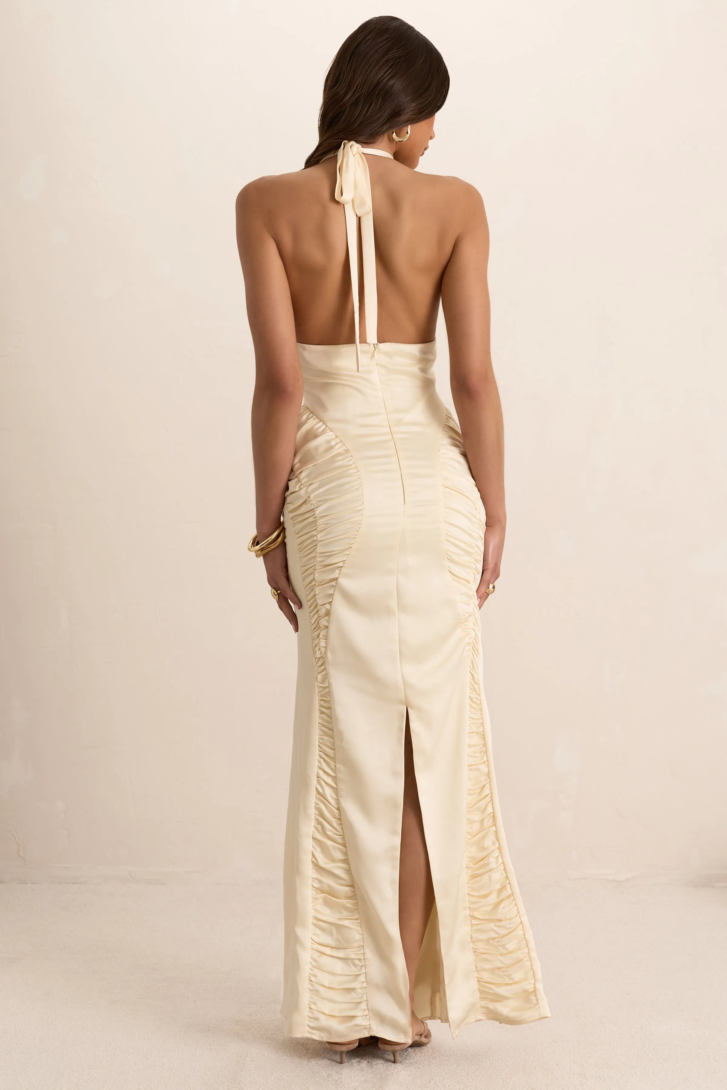 Cream Satin Ruched Plunge Maxi Dress sold by Missy Empire product image thumbnail 4