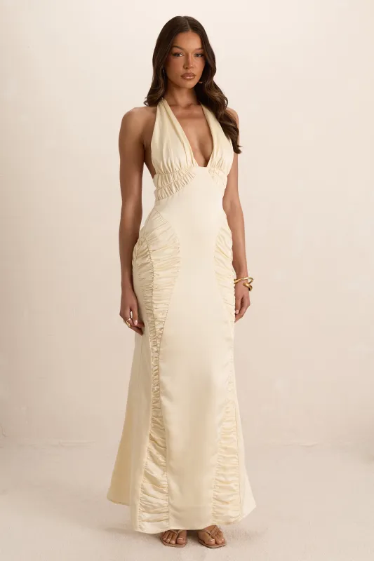 Cream Satin Ruched Plunge Maxi Dress made by Missy Empire