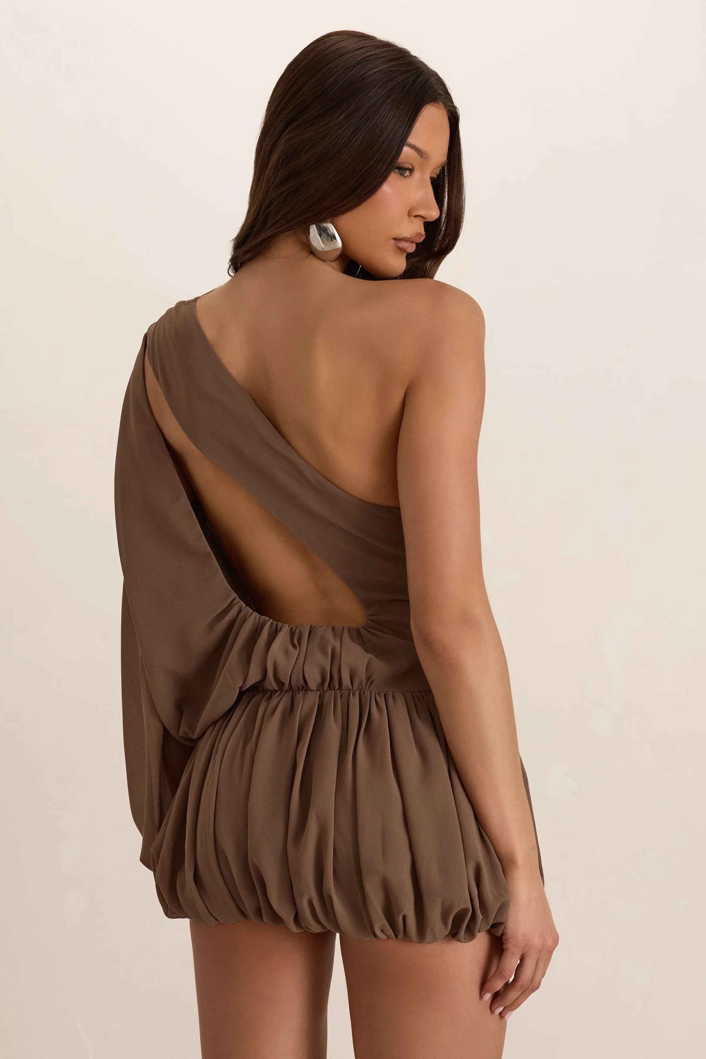 Brown Chiffon Open Back Ruched Puff Ball Mini Dress sold by Missy Empire product image thumbnail 2