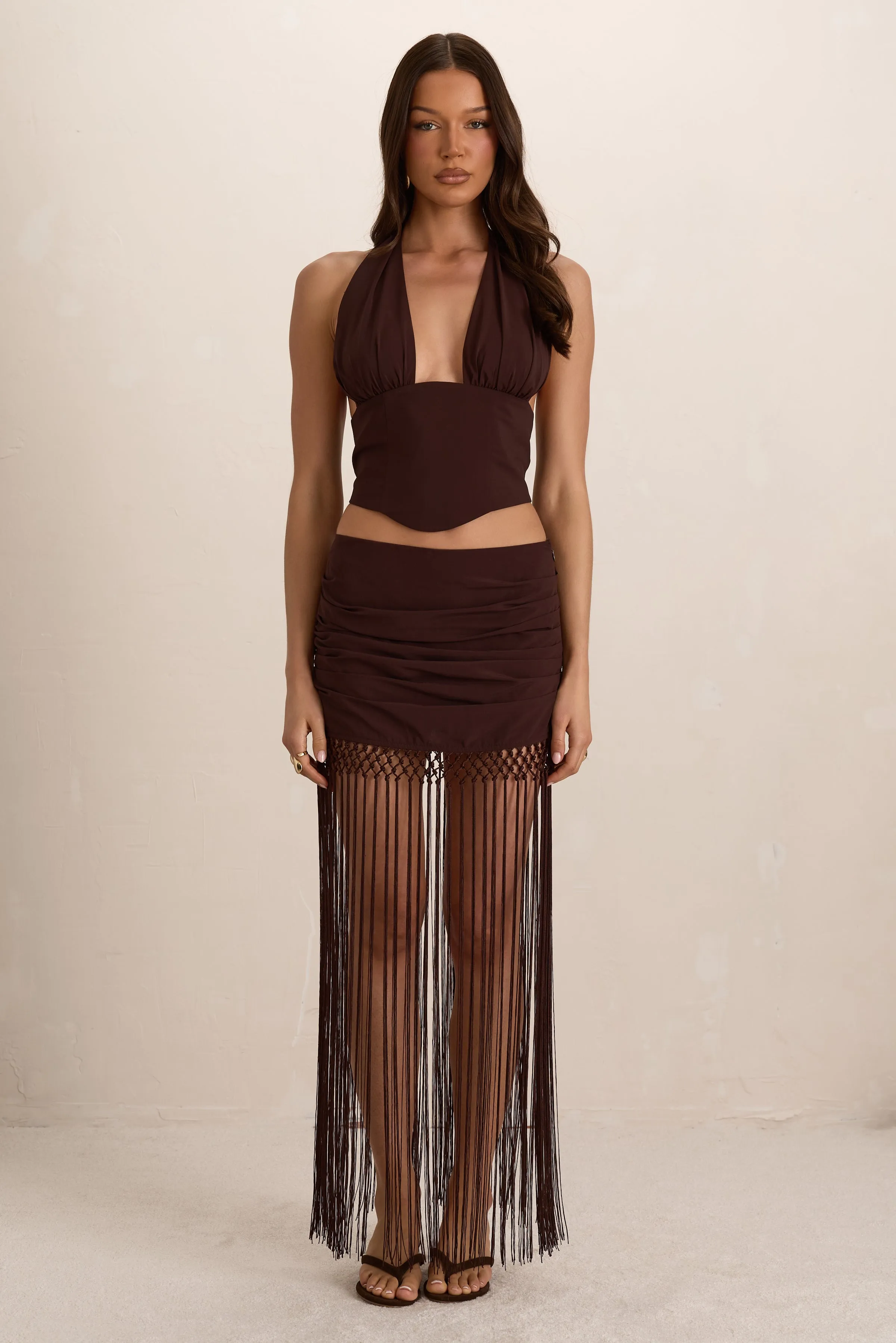 Chocolate Chiffon Ruched Tassel Maxi Skirt sold by Missy Empire product image thumbnail 3