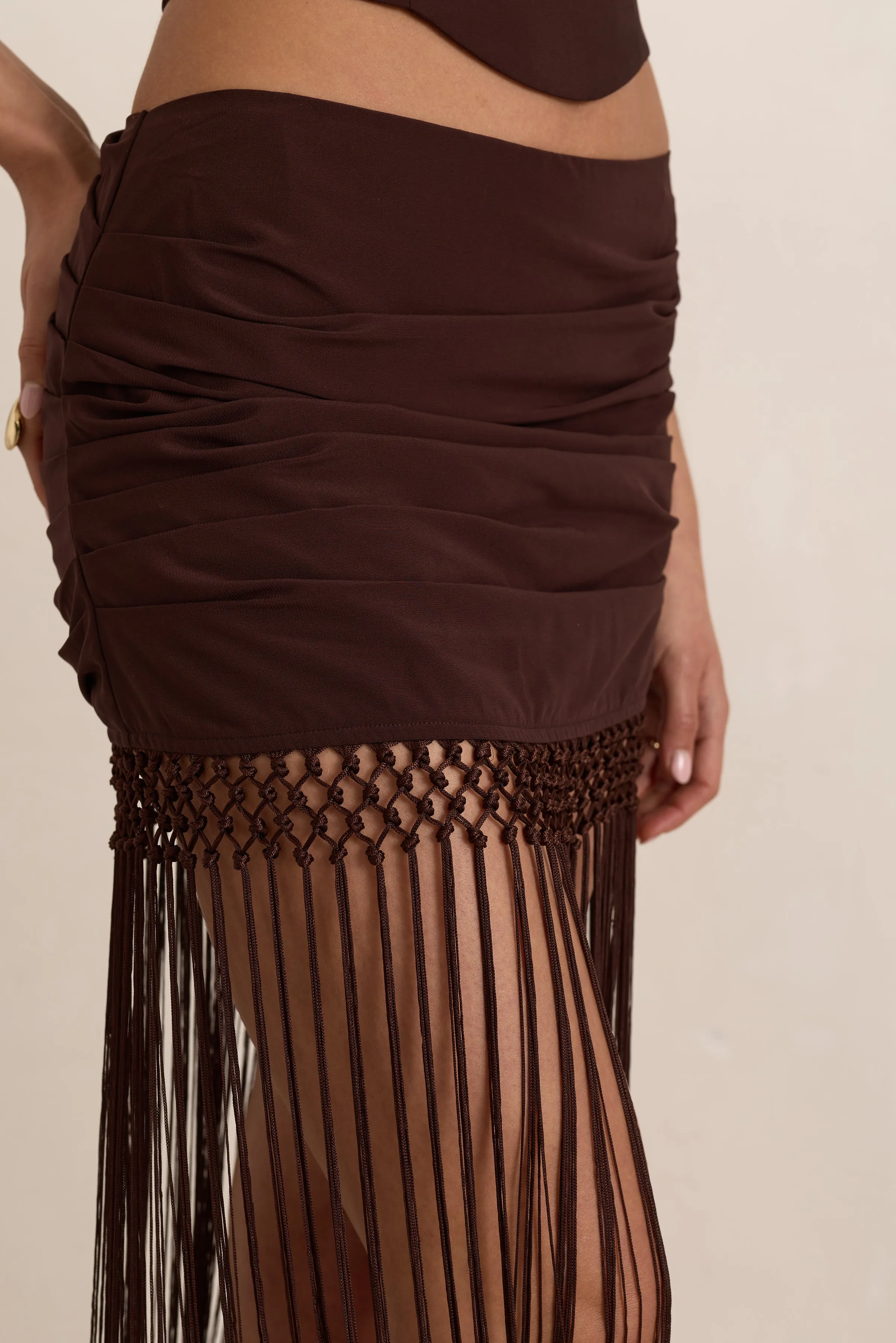 Chocolate Chiffon Ruched Tassel Maxi Skirt sold by Missy Empire product image thumbnail 2