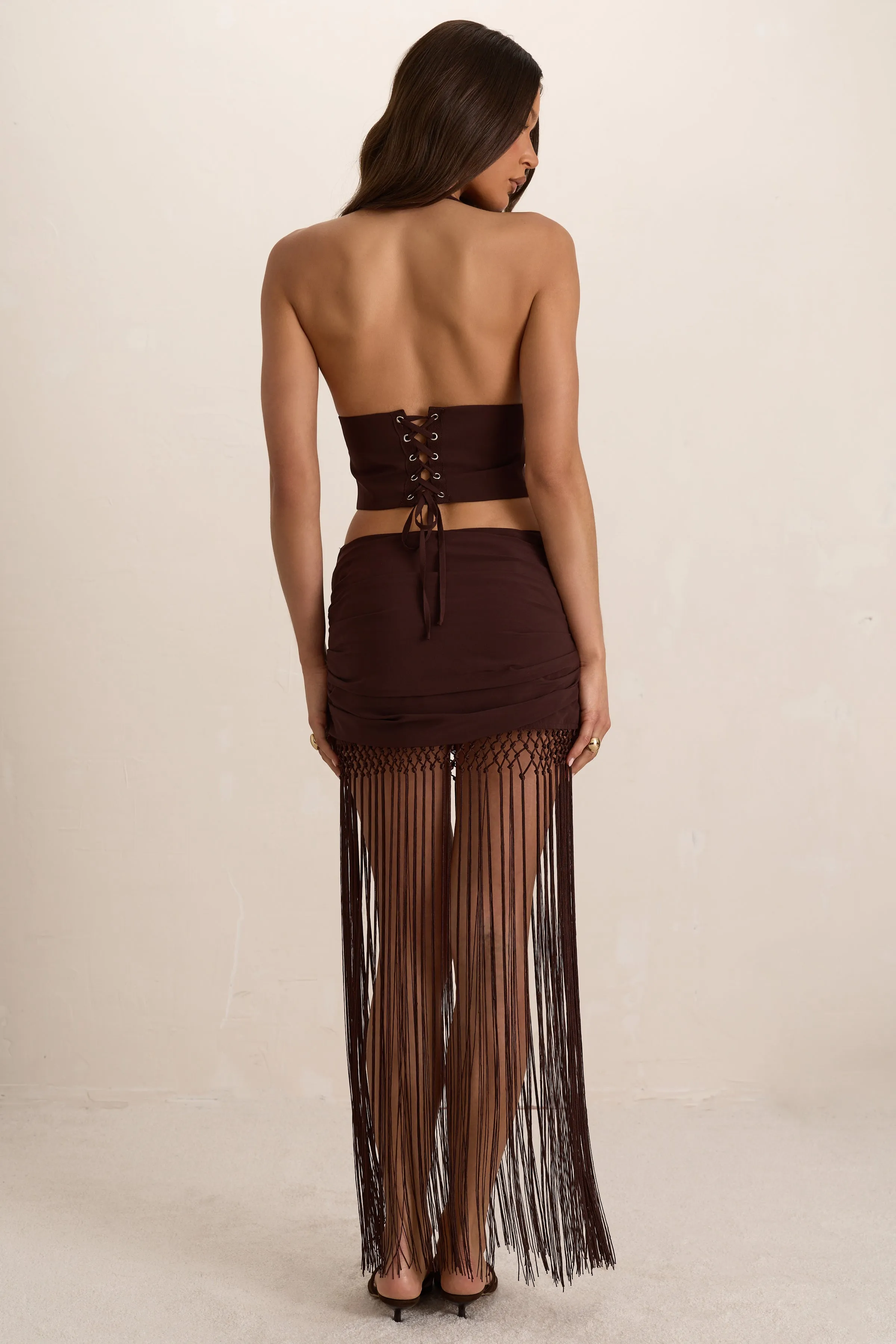 Chocolate Chiffon Ruched Tassel Maxi Skirt sold by Missy Empire product image thumbnail 4