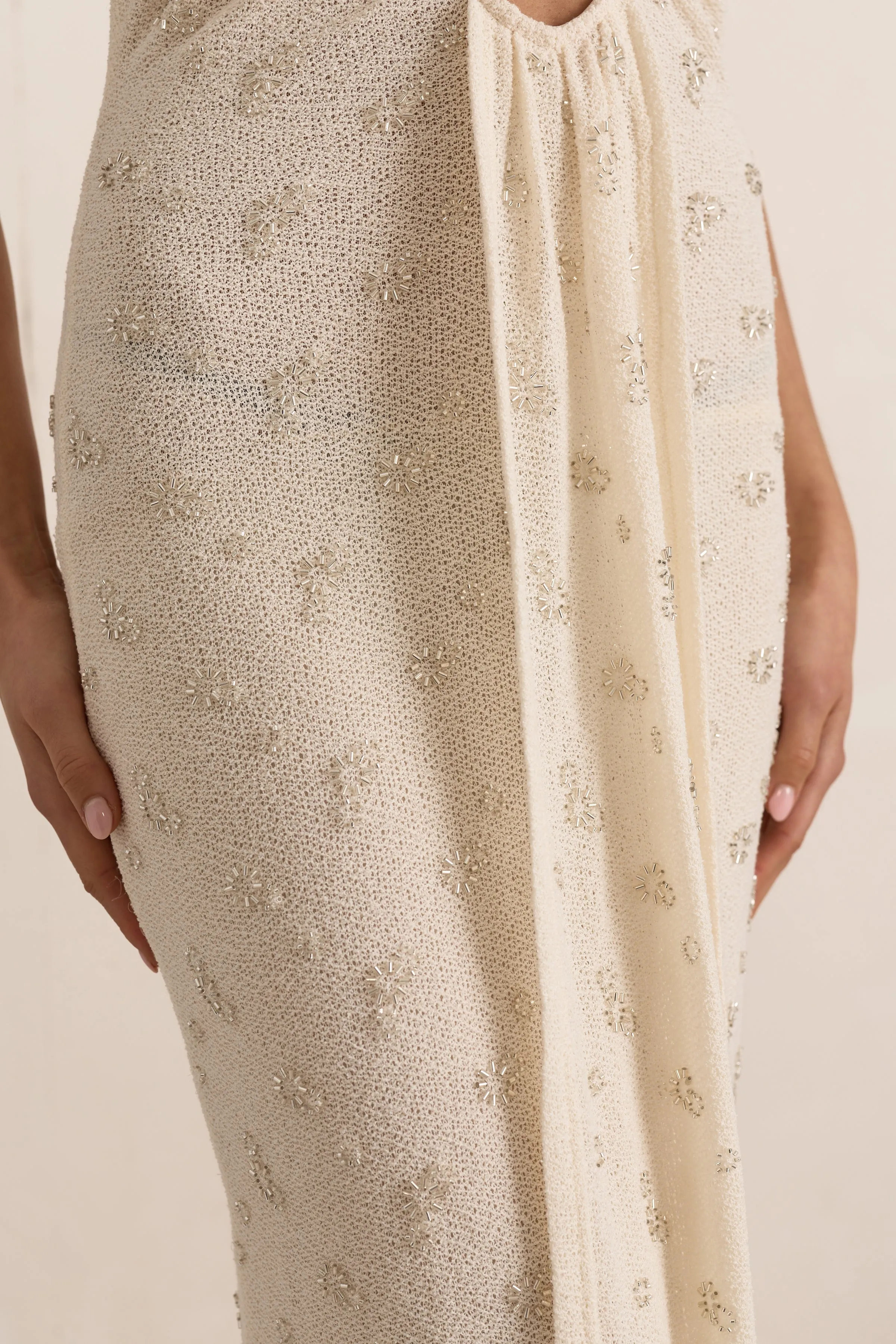 Cream Embellished Knit Plunge Drape Maxi Dress sold by Missy Empire product image thumbnail 2