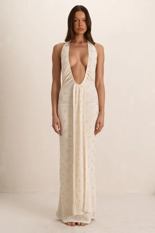 Cream Embellished Knit Plunge Drape Maxi Dress made by Missy Empire