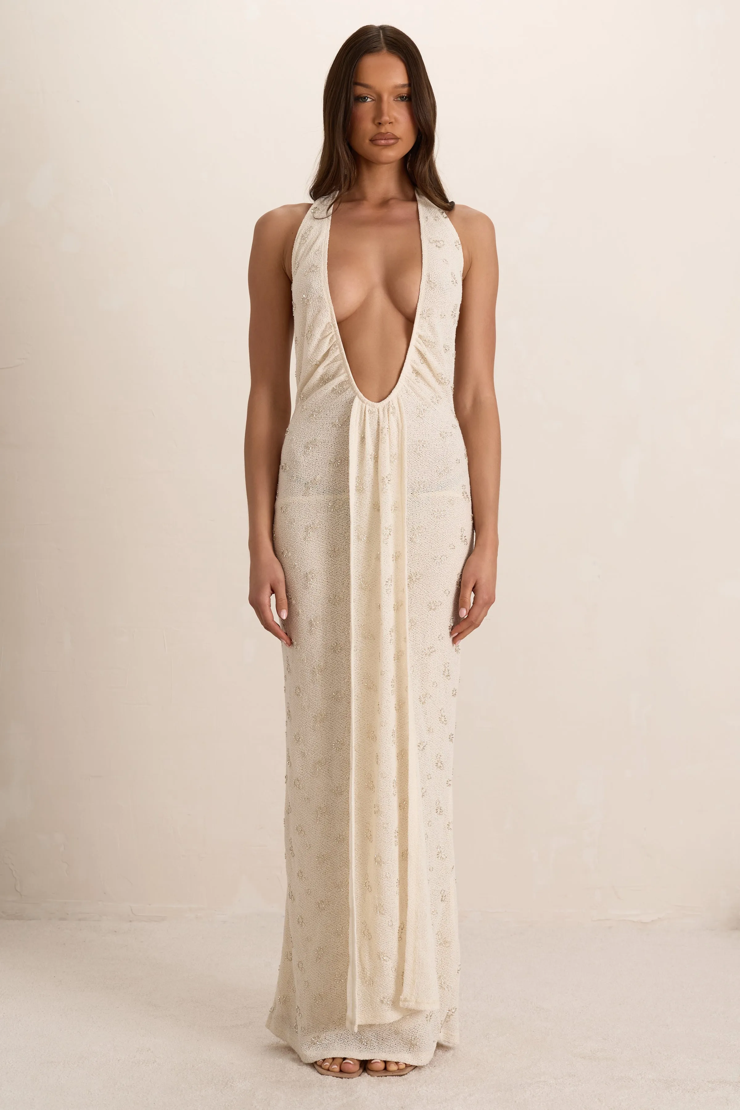 Cream Embellished Knit Plunge Drape Maxi Dress sold by Missy Empire