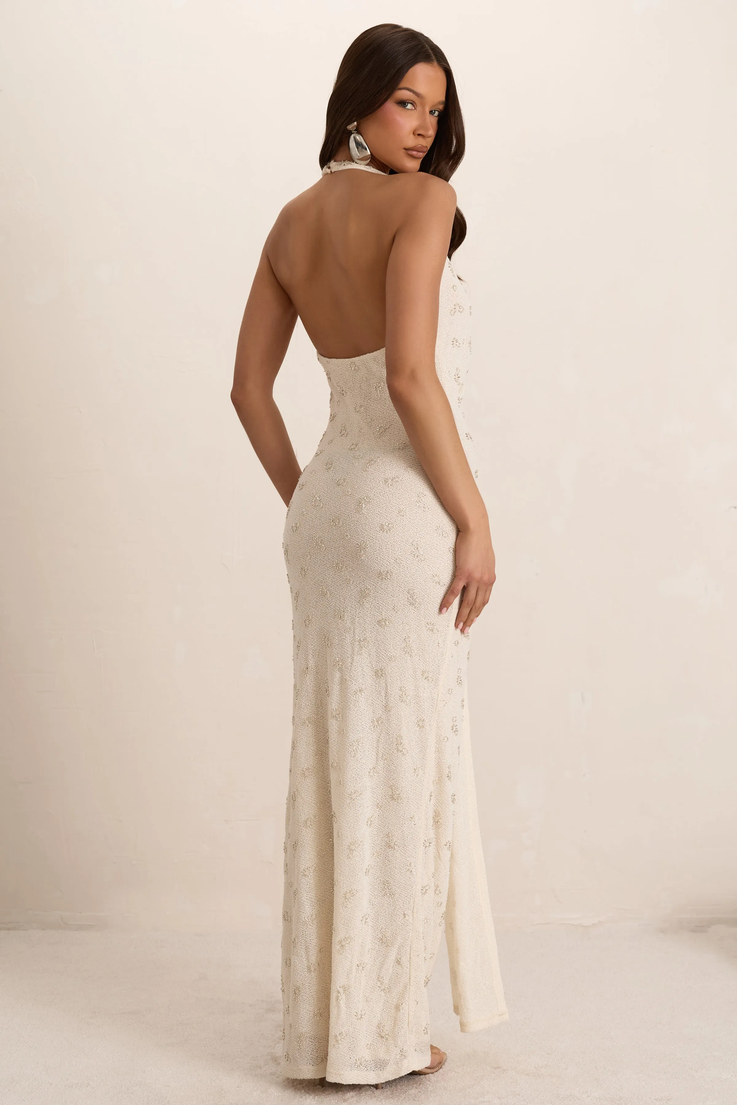 Cream Embellished Knit Plunge Drape Maxi Dress sold by Missy Empire product image thumbnail 4