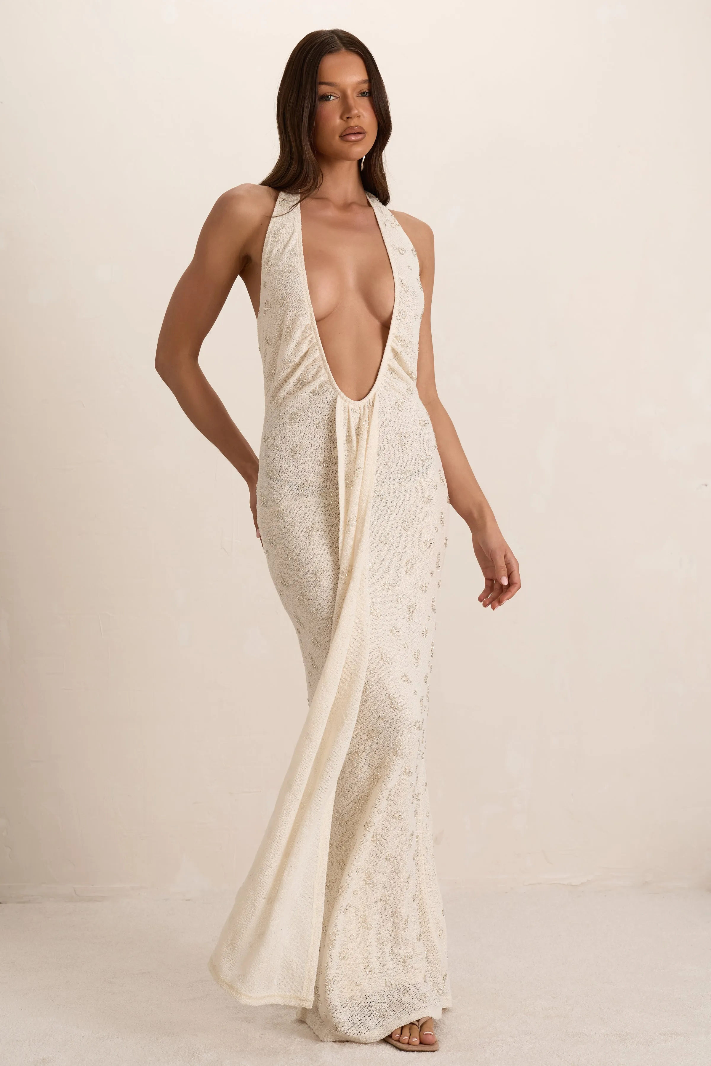 Cream Embellished Knit Plunge Drape Maxi Dress sold by Missy Empire product image thumbnail 3