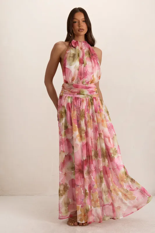 Pink Woven Floral Ruched Backless Maxi Dress made by Missy Empire