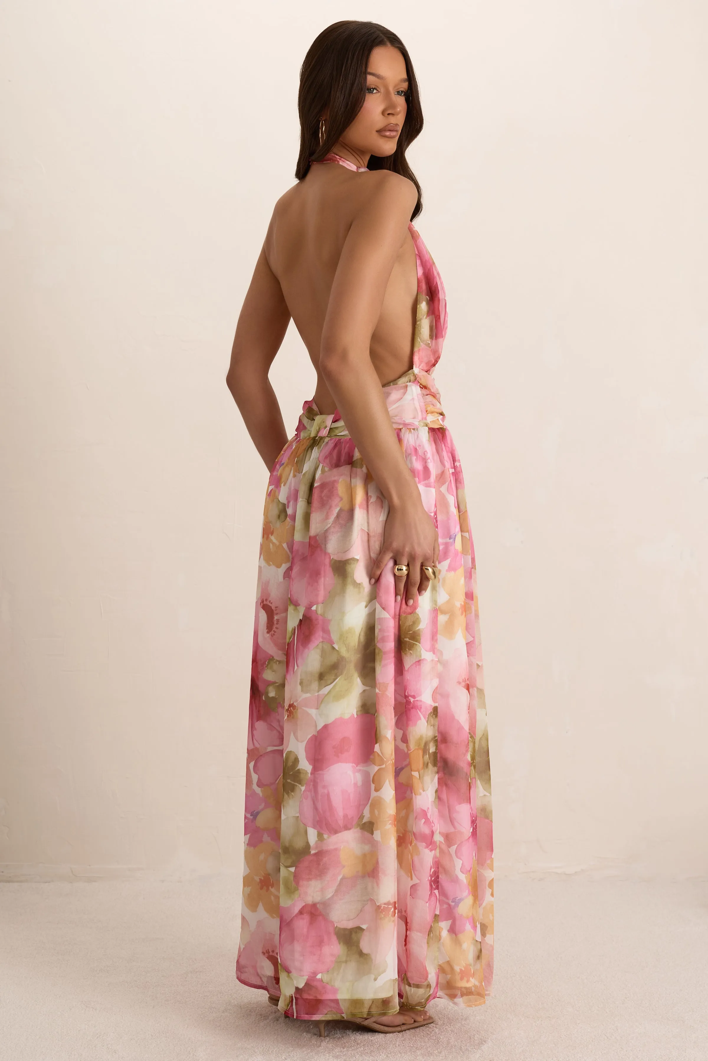 Pink Woven Floral Ruched Backless Maxi Dress sold by Missy Empire product image thumbnail 2