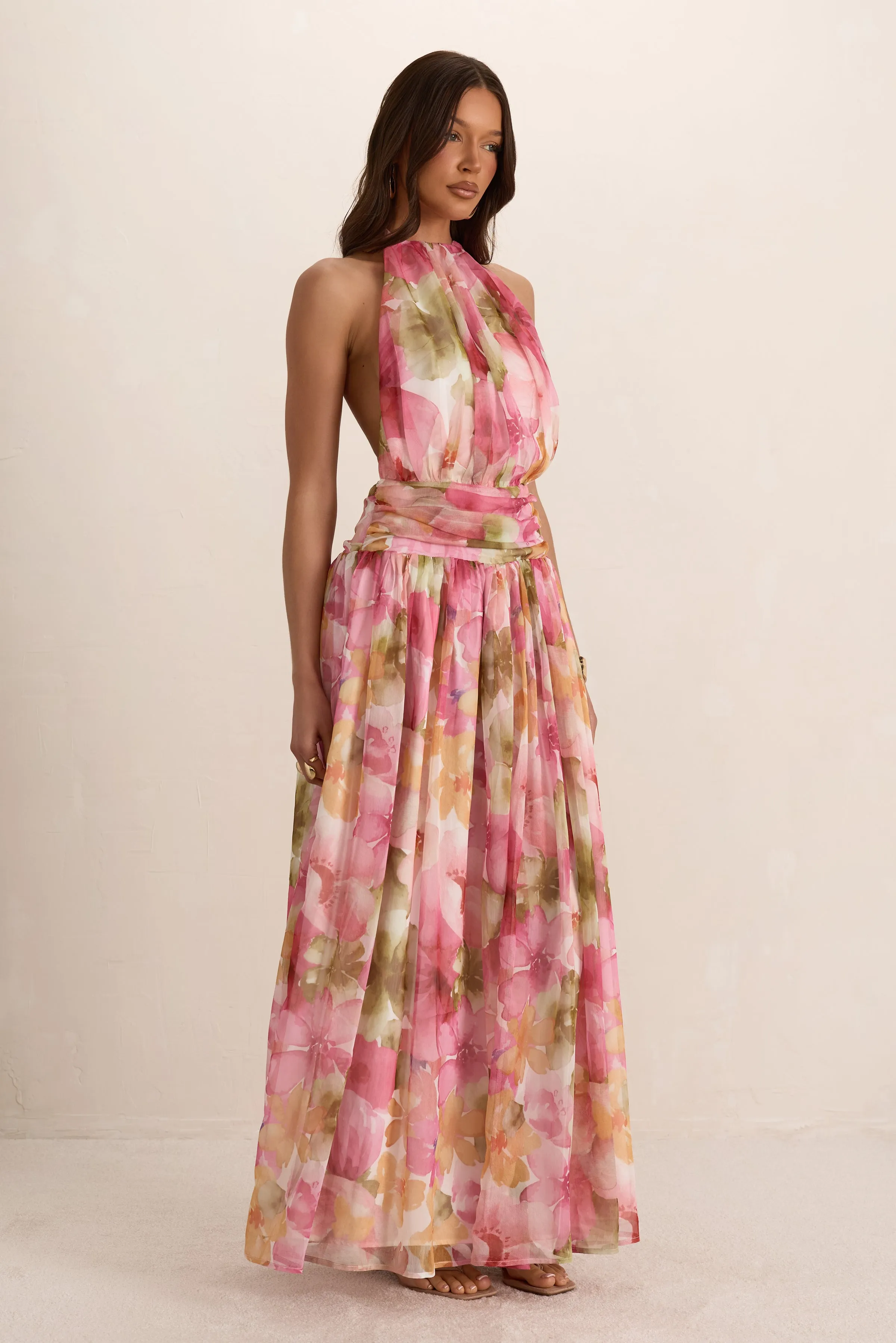 Pink Woven Floral Ruched Backless Maxi Dress sold by Missy Empire product image thumbnail 4