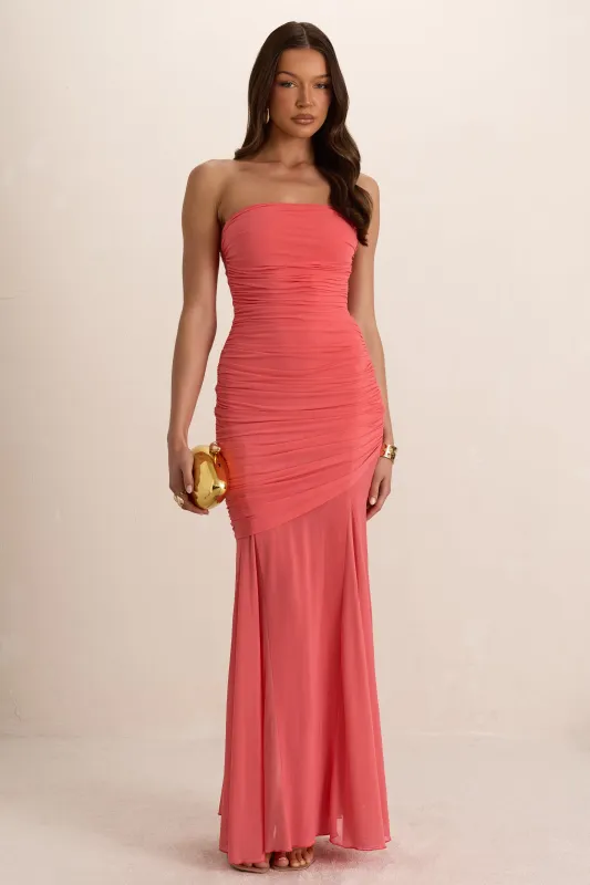 Coral Double Layer Ruched Drape Maxi Dress made by Missy Empire