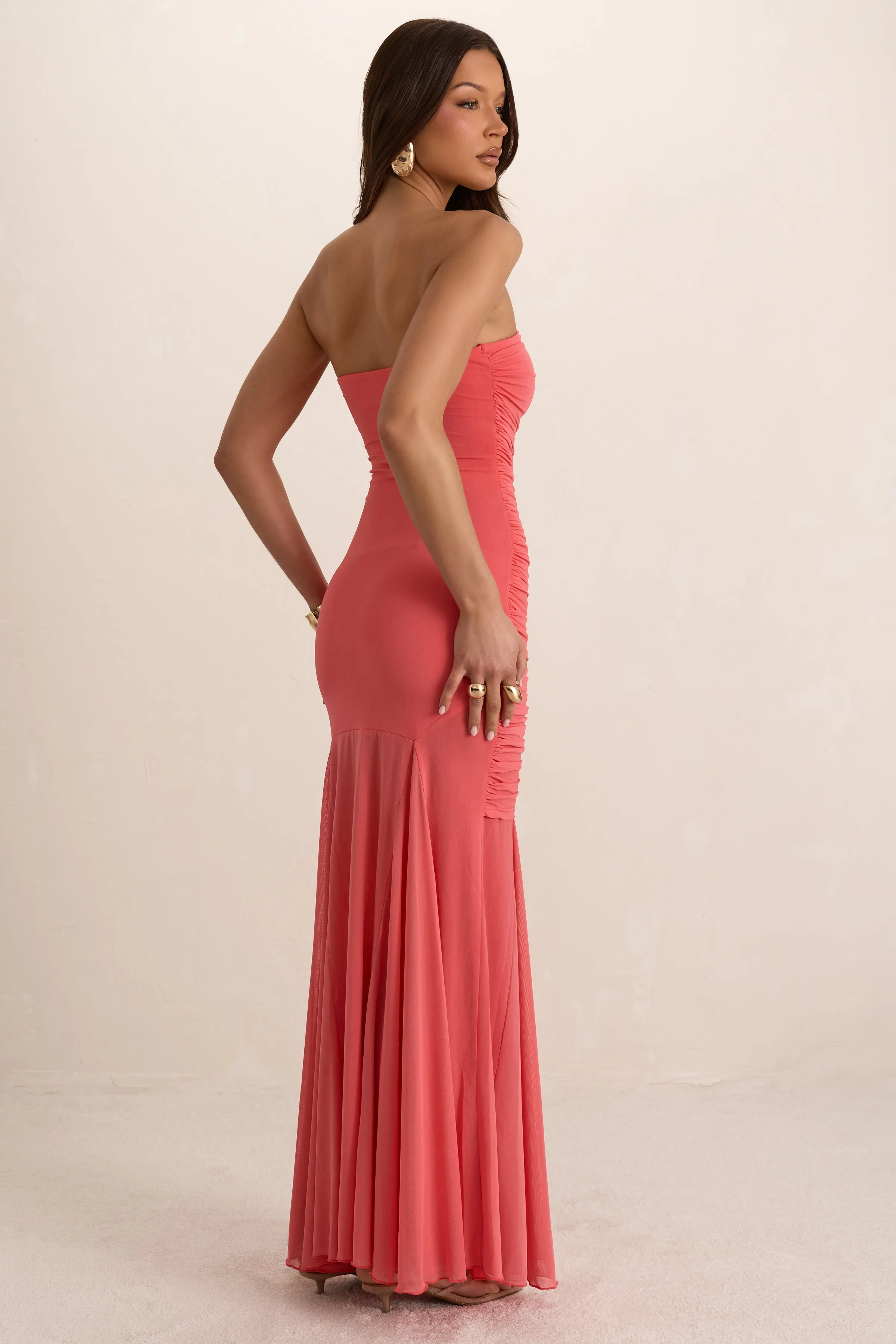 Coral Double Layer Ruched Drape Maxi Dress sold by Missy Empire product image thumbnail 4