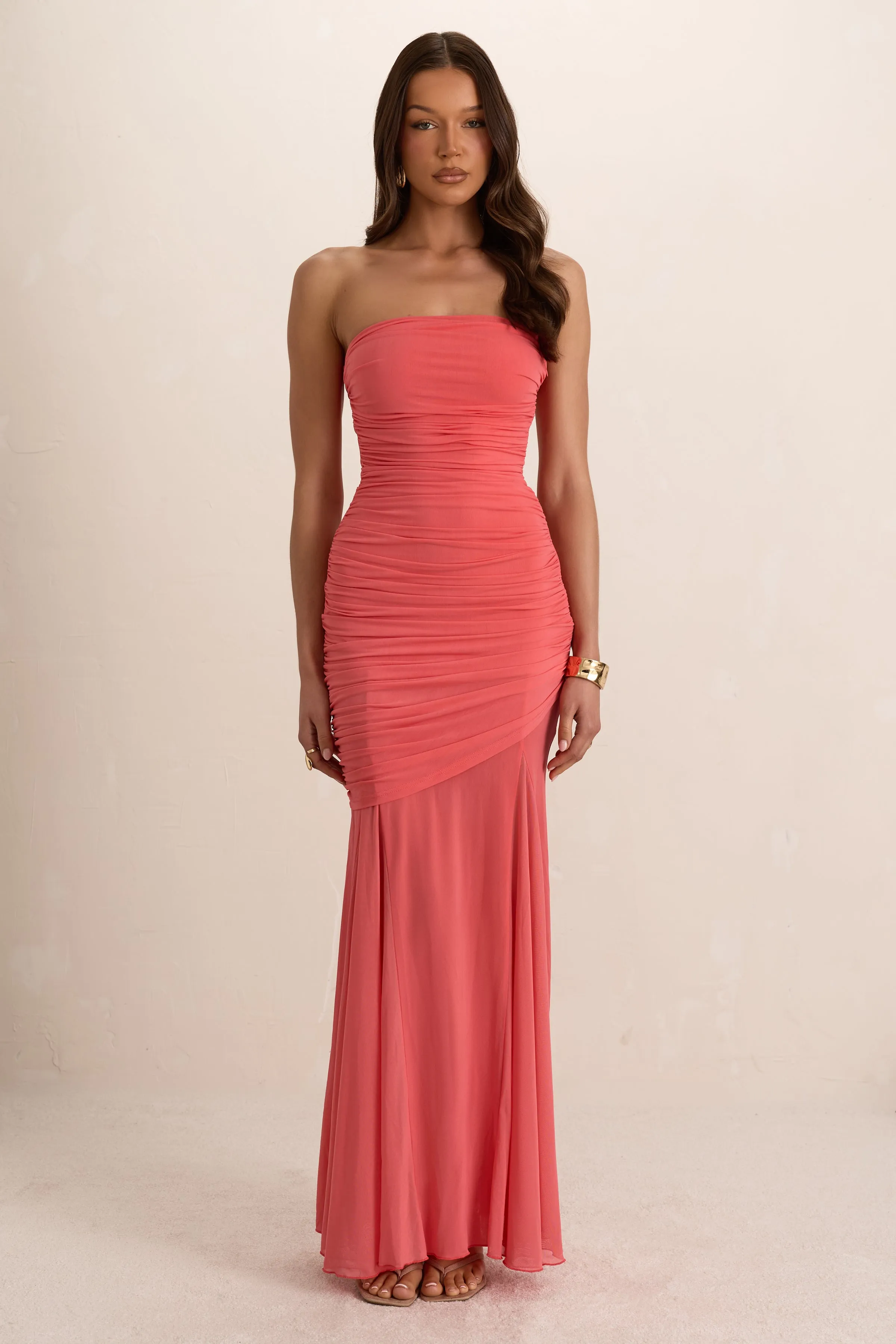 Coral Double Layer Ruched Drape Maxi Dress sold by Missy Empire product image thumbnail 3
