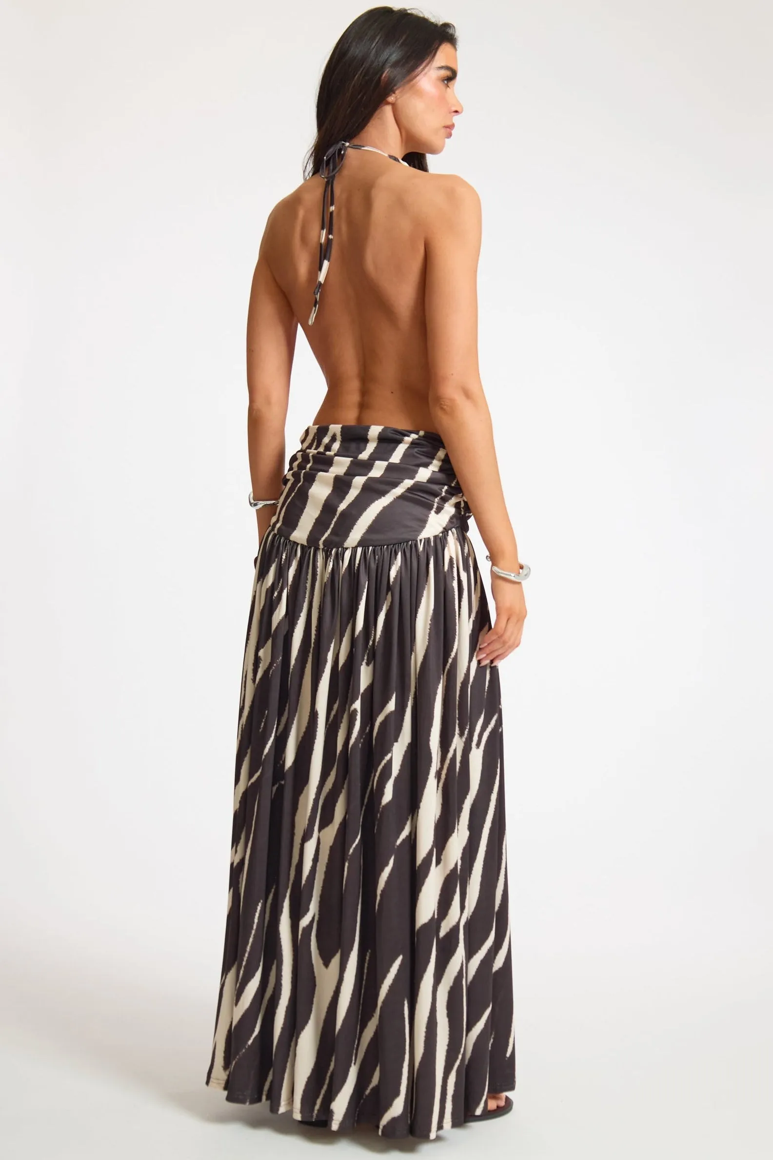 Double Layer Slinky Printed Ruched Backless Maxi Dress sold by Missy Empire product image thumbnail 4